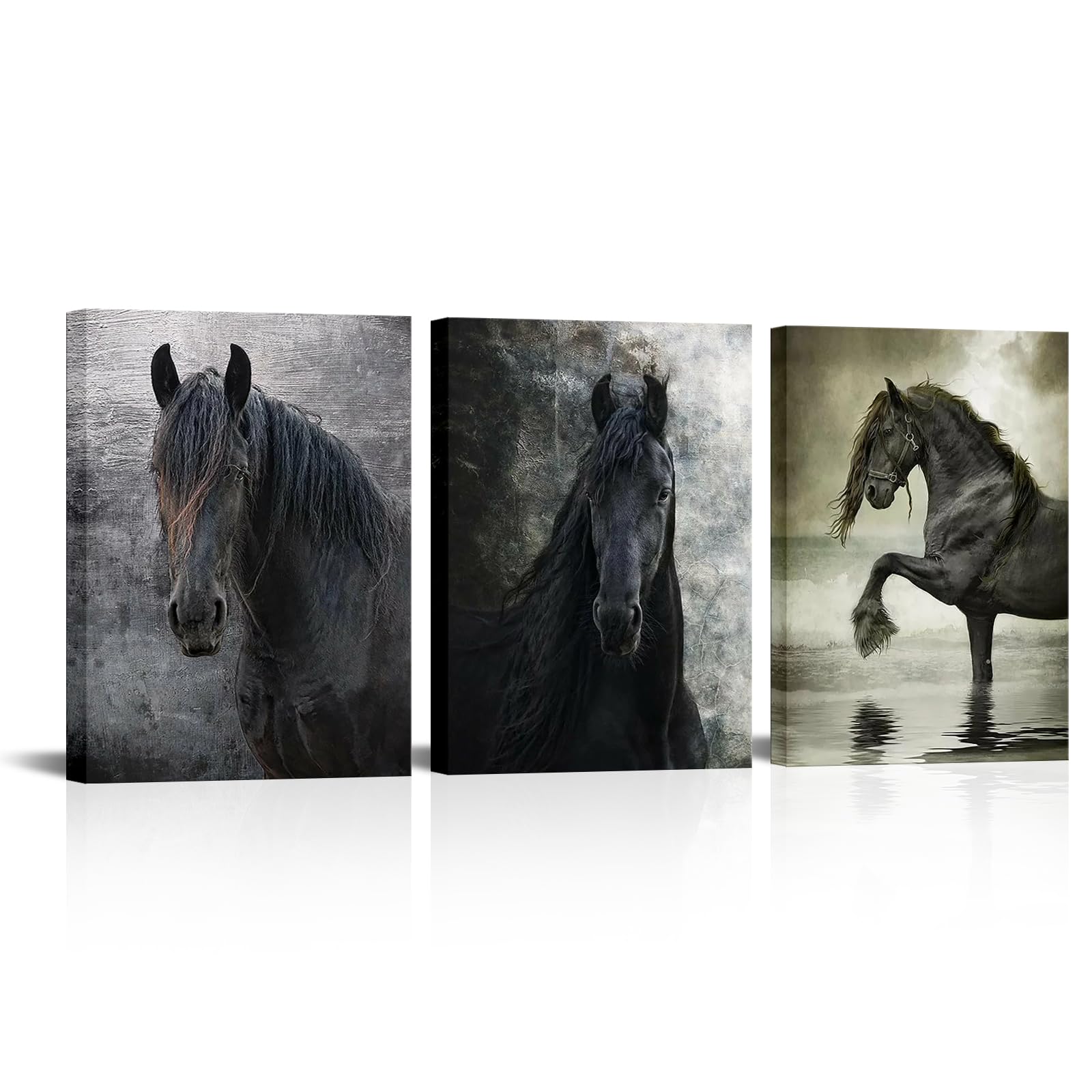 Klvos Horses Picture Animals Artwork Prints 3 Panels Vintage Horse Portrait Graphic Wall Art On Canvas Stretched And Wooden Fram