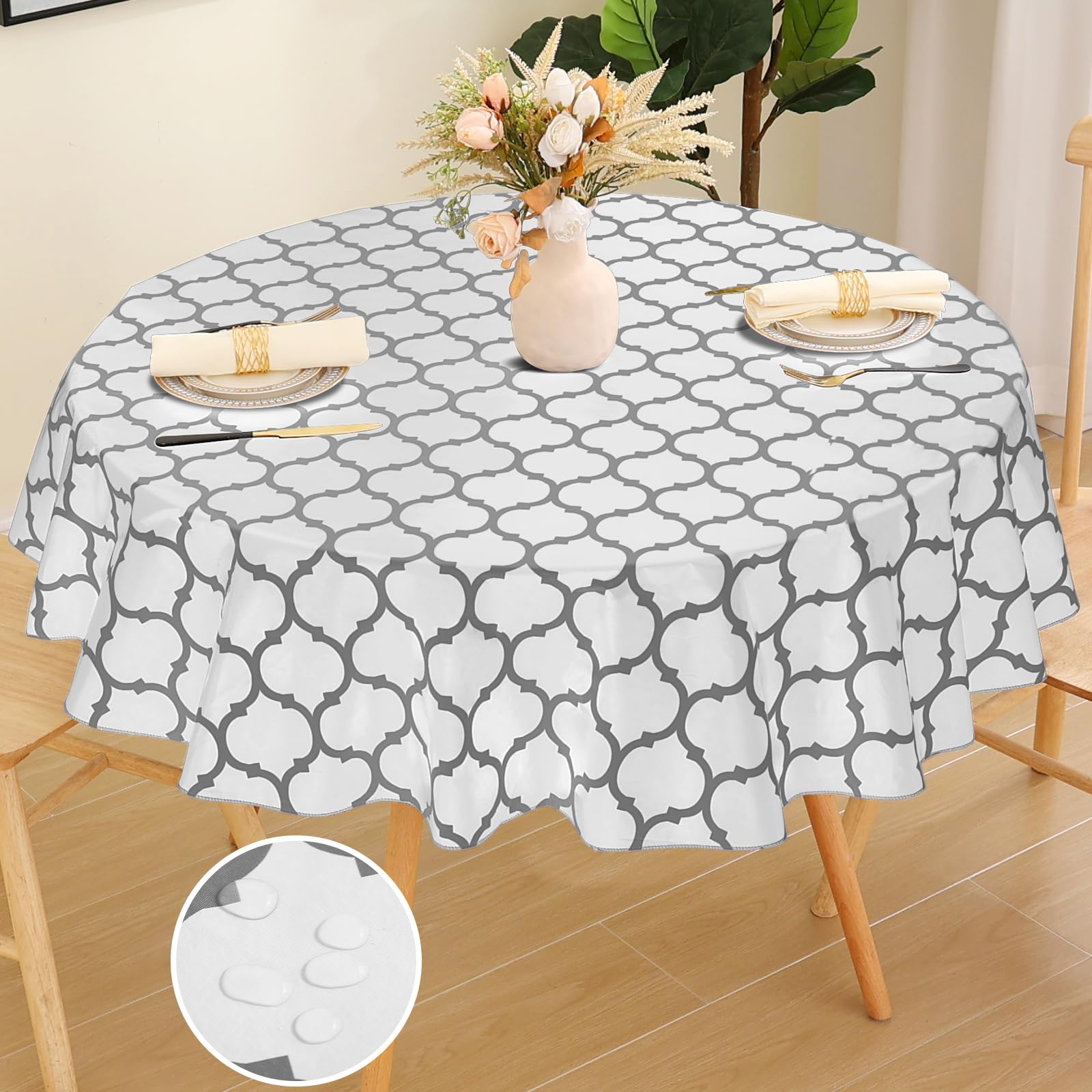 Smiry Round Plastic Table Cloth, Waterproof Vinyl Tablecloth With Flannel Backing For Round Tables, Wipeable Spillproof Tableclo