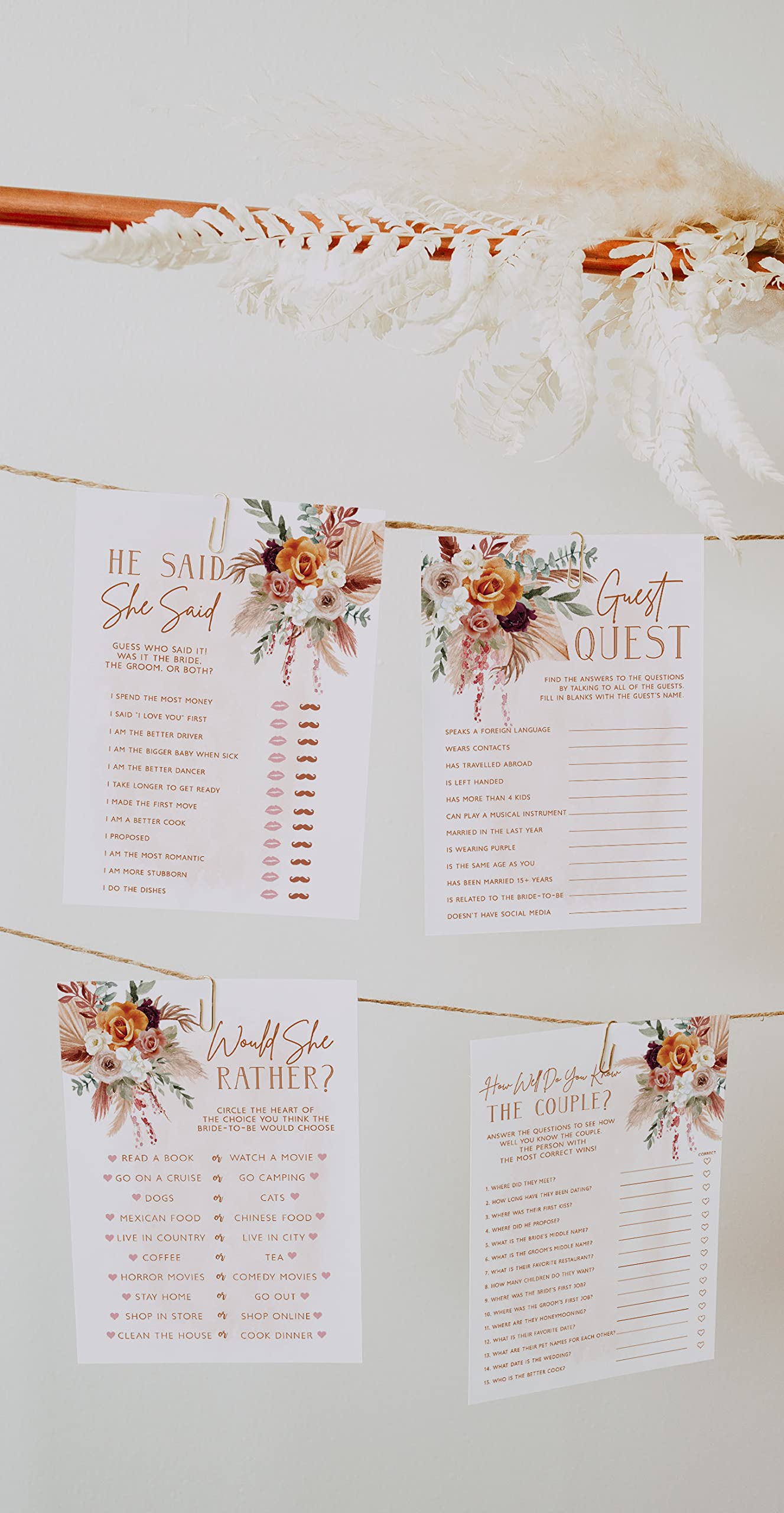 Fun Bridal Shower Games - Boho Floral Terracotta Orange Wedding Activities Set, 25 Double-Sided Cards, Includes Guest Quest, He