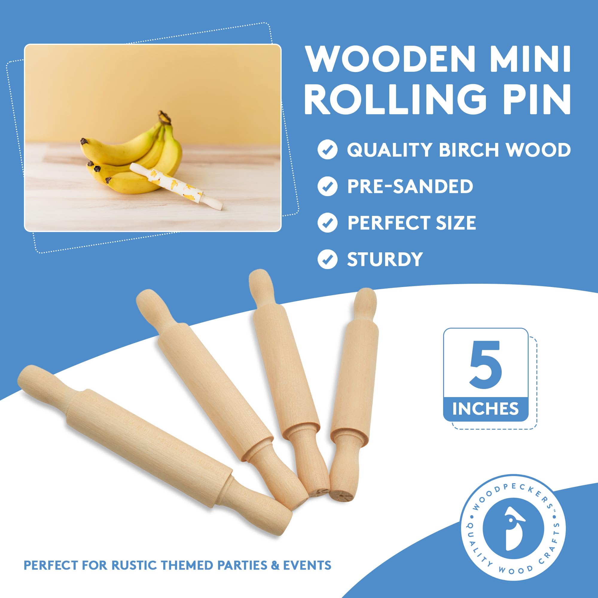 Wooden Mini Rolling Pin, 5 Inches Long, Pack Of 6, Great For In The Kitchen, Play-Doh, Crafting And Imaginative Play, By Woodpec