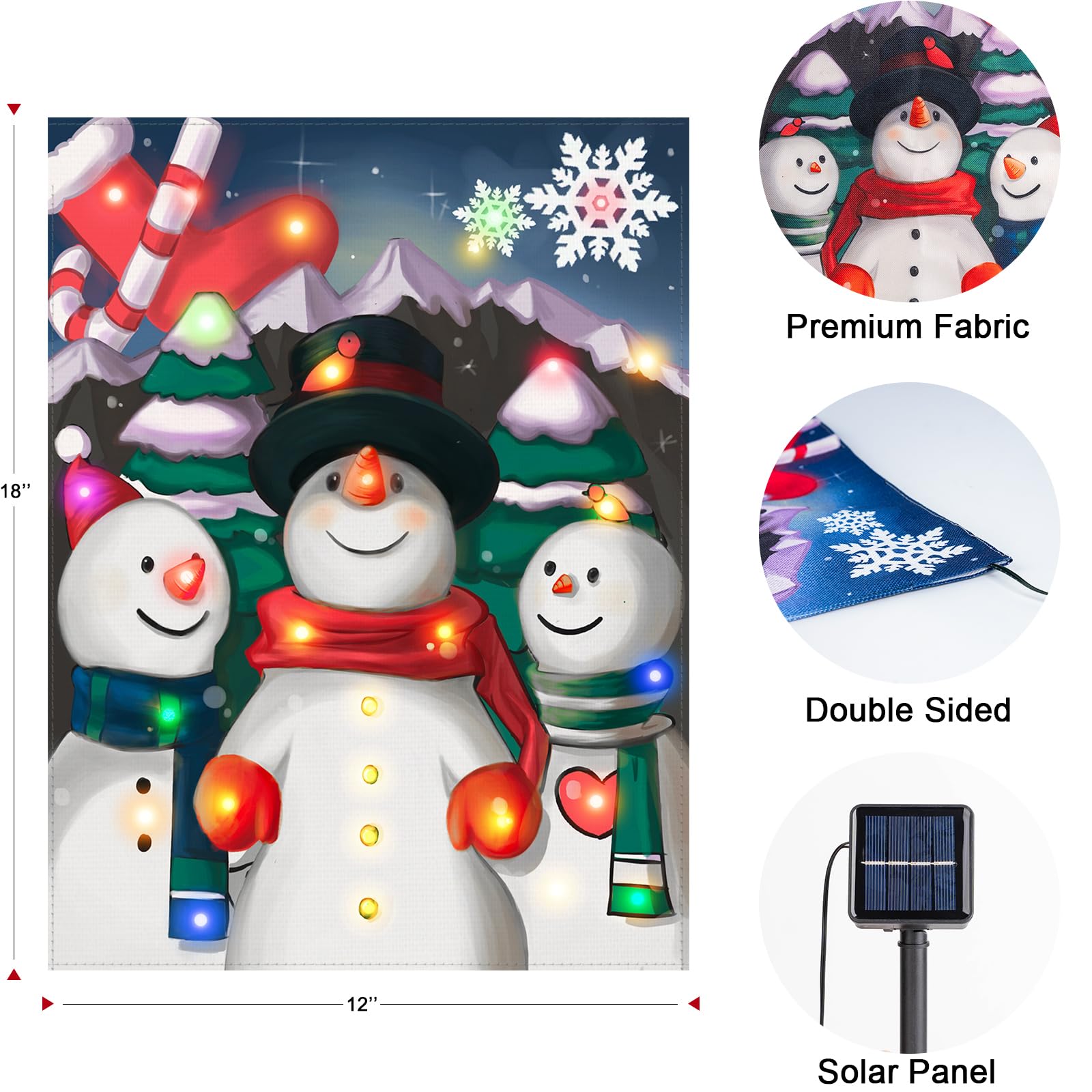 Candieslife Lighted Christmas Garden Flag, Solar LED Snowman Choir, 12x18 Double Sided Winter Decor, 8 Lighting Modes