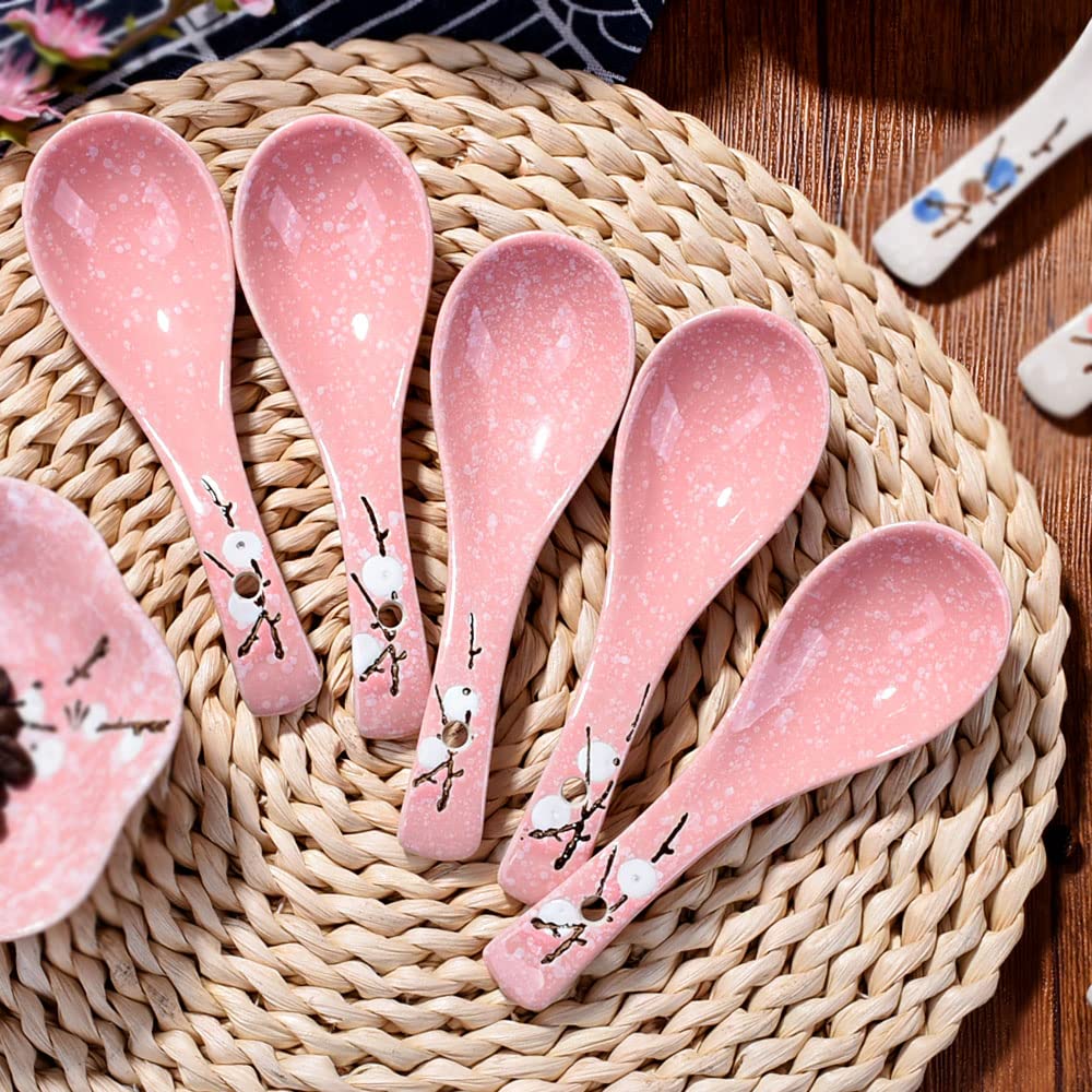 Japanese Soup Spoons Set Of 5, Pink Asian Spoon Suitable For Soup, Ramen, Pho, Gravy, Cake, Oatmeal, Chaos, Dumplings,Salad
