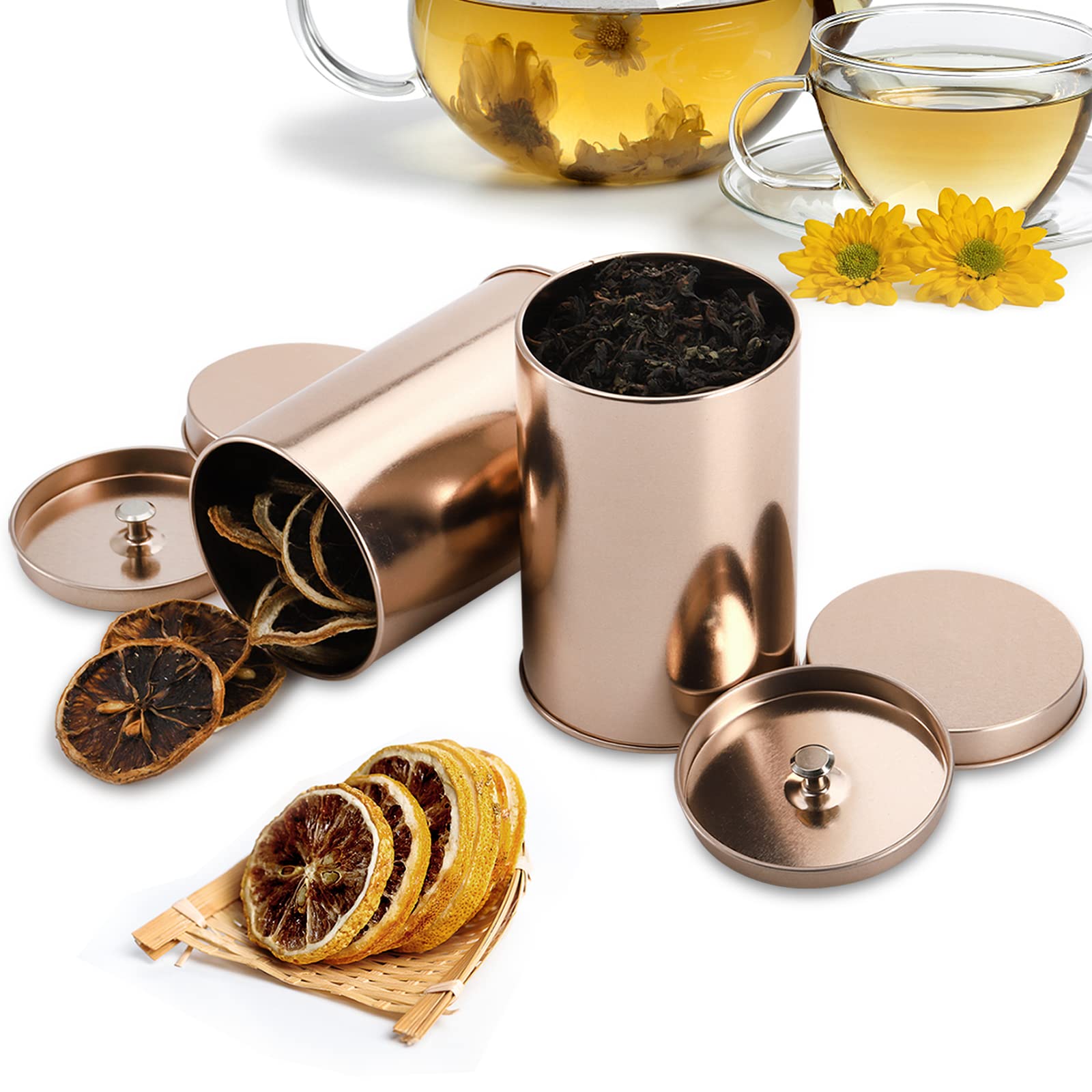Yesland 6 Pack Tea Tin Canister With Airtight Double Lids, 12 Fluid Oz Tin Can Box And Small Round Kitchen Canisters For Loose T