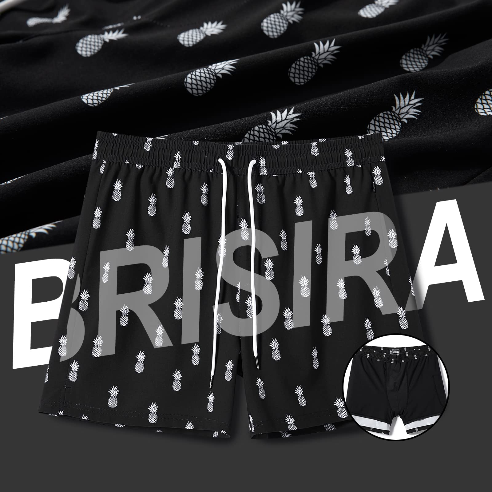 Brisira Mens Swim Trunks Quick Dry Swim Shorts 5 Inch Inseam Stretch Water Beach Shorts With Compression Liner Zipper Pocket Bla