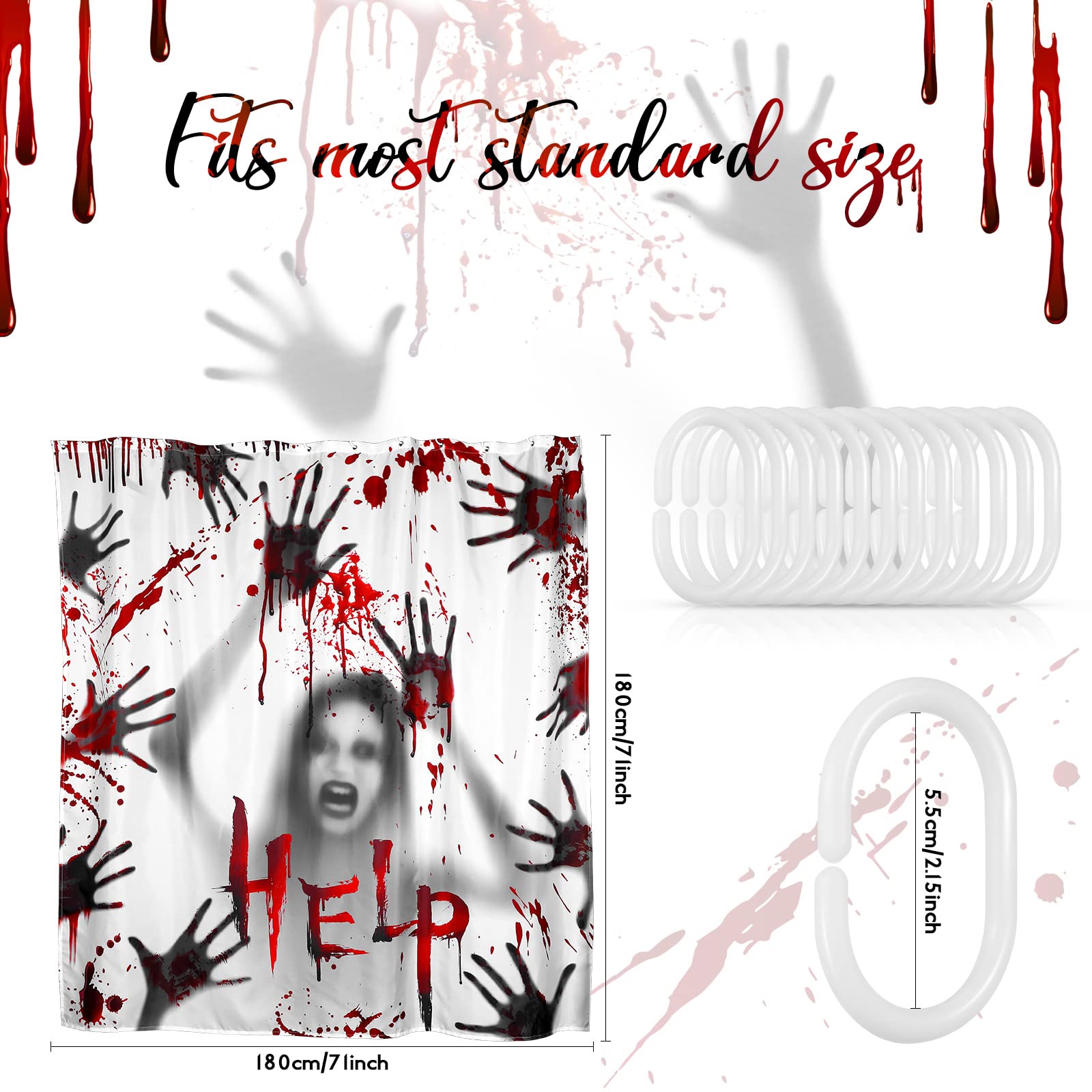 Cindeer Halloween Shower Curtain For Bathroom With Hook Scary Bloody Hands, 71 X 71 Inch Help Me Ghost Hand Shower Curtain Water