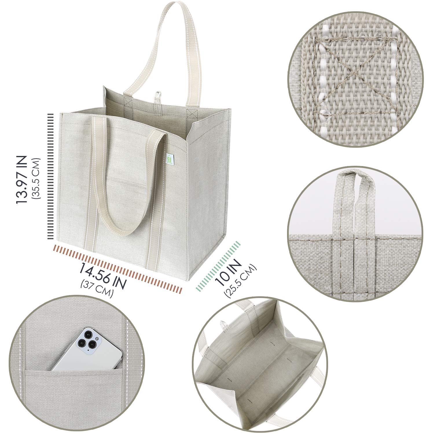 Veno 4 Pack Reusable Grocery Shopping Bag W/Hard Bottom, Foldable, Multi-Purpose Heavy-Duty Tote, Daily Utility Bag, Stands Upri