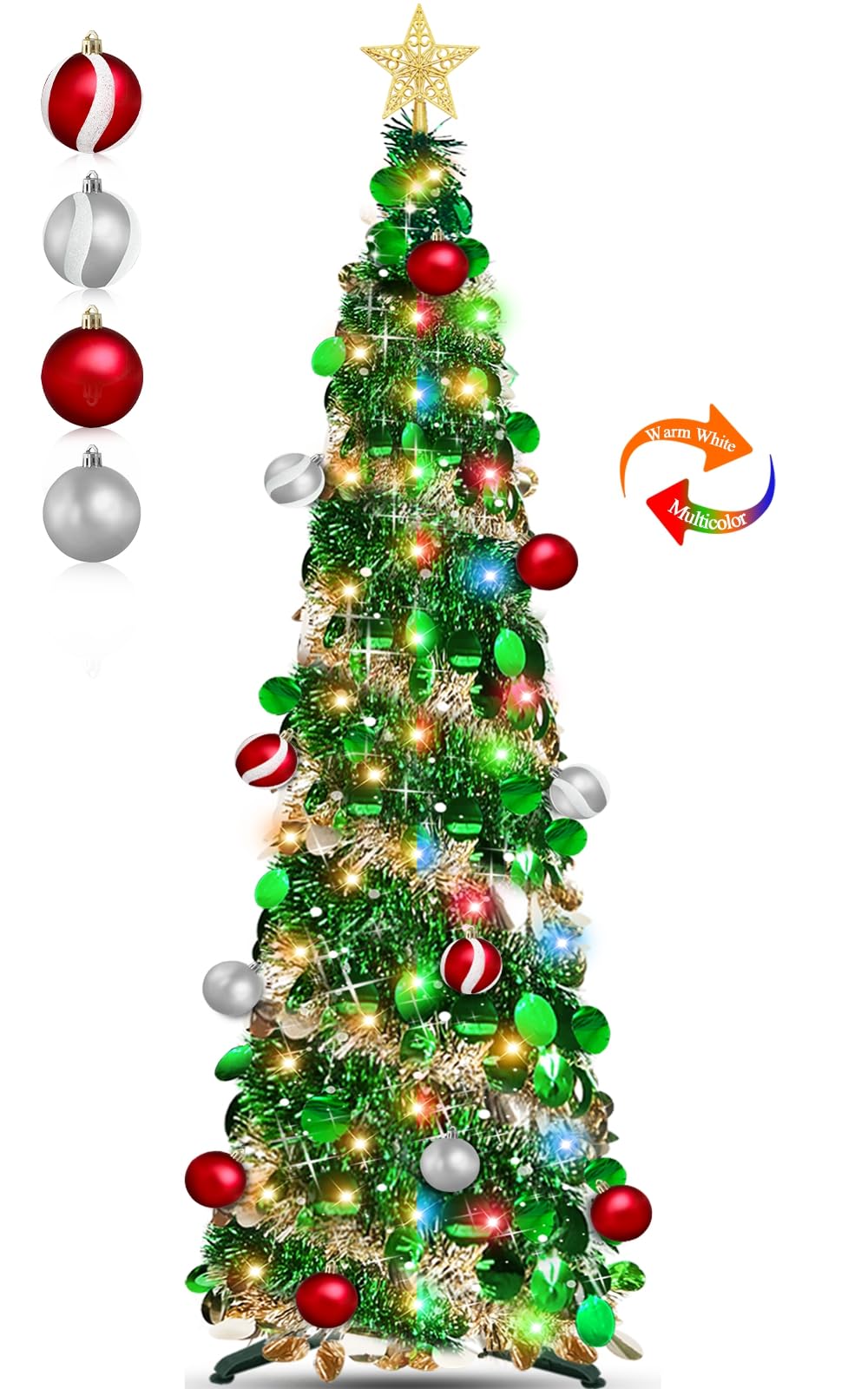 Dual Color Switch&Timer 5 Ft Gold Pop Up Christmas Tree with 50 Warm White&Color Lights 8 Modes, Tinsel Pencil Collapsible Xmas 