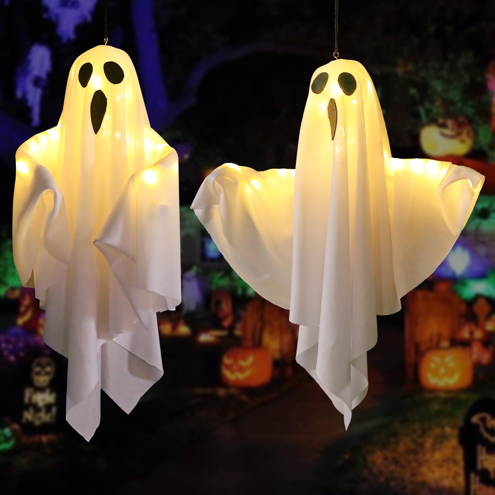 Halloween Decorations 19.6  Hanging Ghosts Light Up Kit Decor Warm LED Ghost Light Indoor Bedroom Wall Outdoor Fall Party Garden