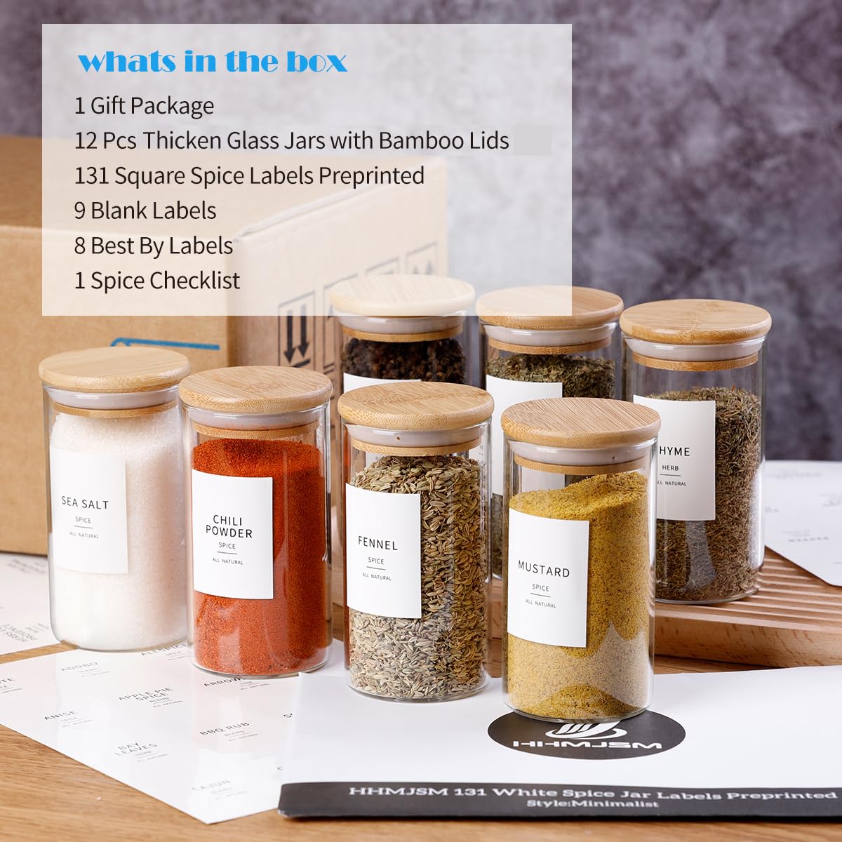 12 Pcs Glass Spice Jars With Bamboo Airtight Lids - 8oz Thicken(2.4mm) Spice Containers With 148 Minimalist Preprinted Waterproof Spice Labels - Kitchen Empty Small Storage Jars For Seasoning  Herb Storage and Organization