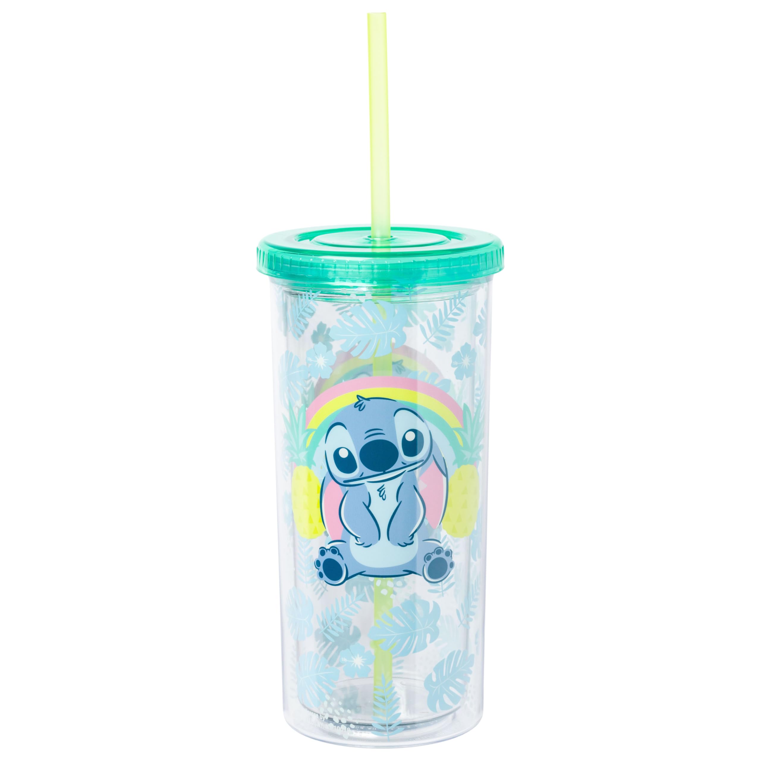 Silver Buffalo Disney Lilo and Stitch Rainbow and Pineapple Tropical Plastic Tall Cold Cup with Lid and Straw, 20 Ounces