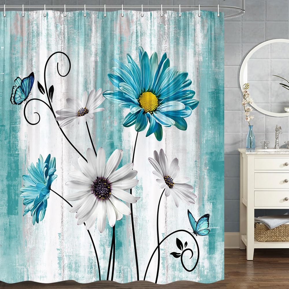 Jawo Rustic Farmhouse Floral Shower Curtain, Farm Teal Daisy Flowers Butterfly Shower Curtain Wooden Board Country Shower Curtai