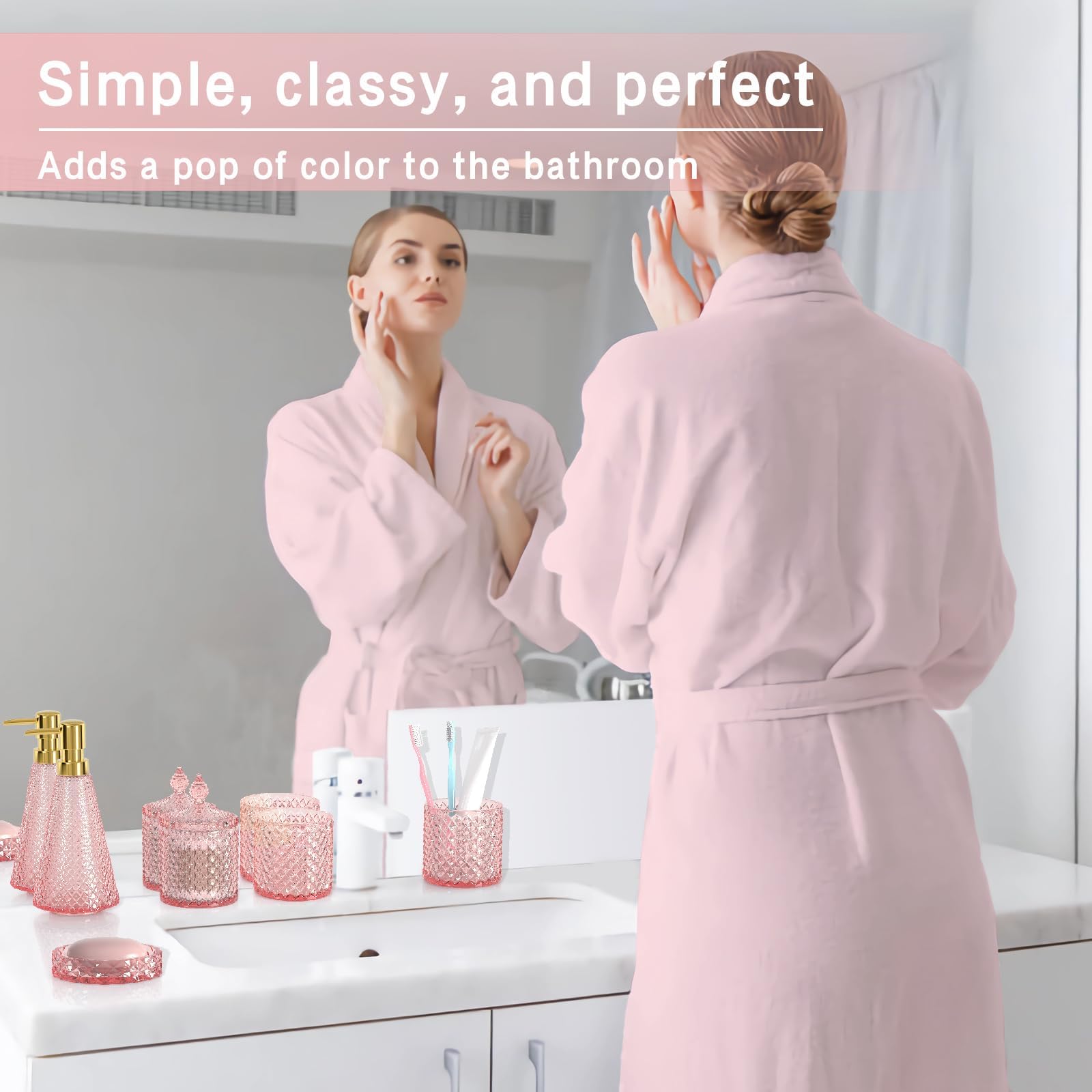 Pink Bathroom Accessories Set, 5 Pcs Premium Glass Bathroom Accessory Set With Vanity Organizer, Lotion Dispenser, Soap Dish, Ba