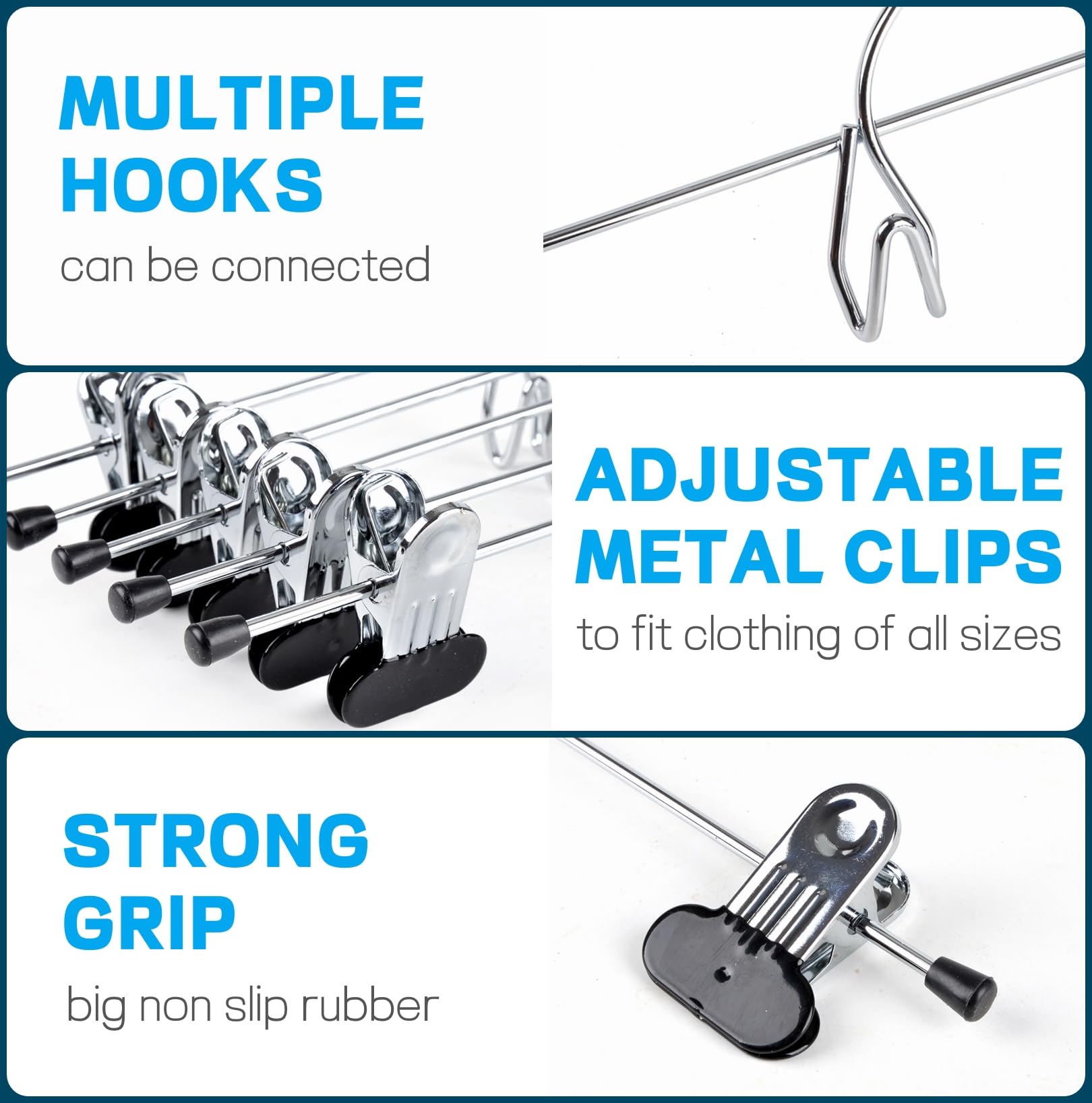 Amber Home Heavy Duty Metal Pants Skirt Hangers, 20 Pack, Adjustable Clips, Chrome Finish, Stackable, Space Saving