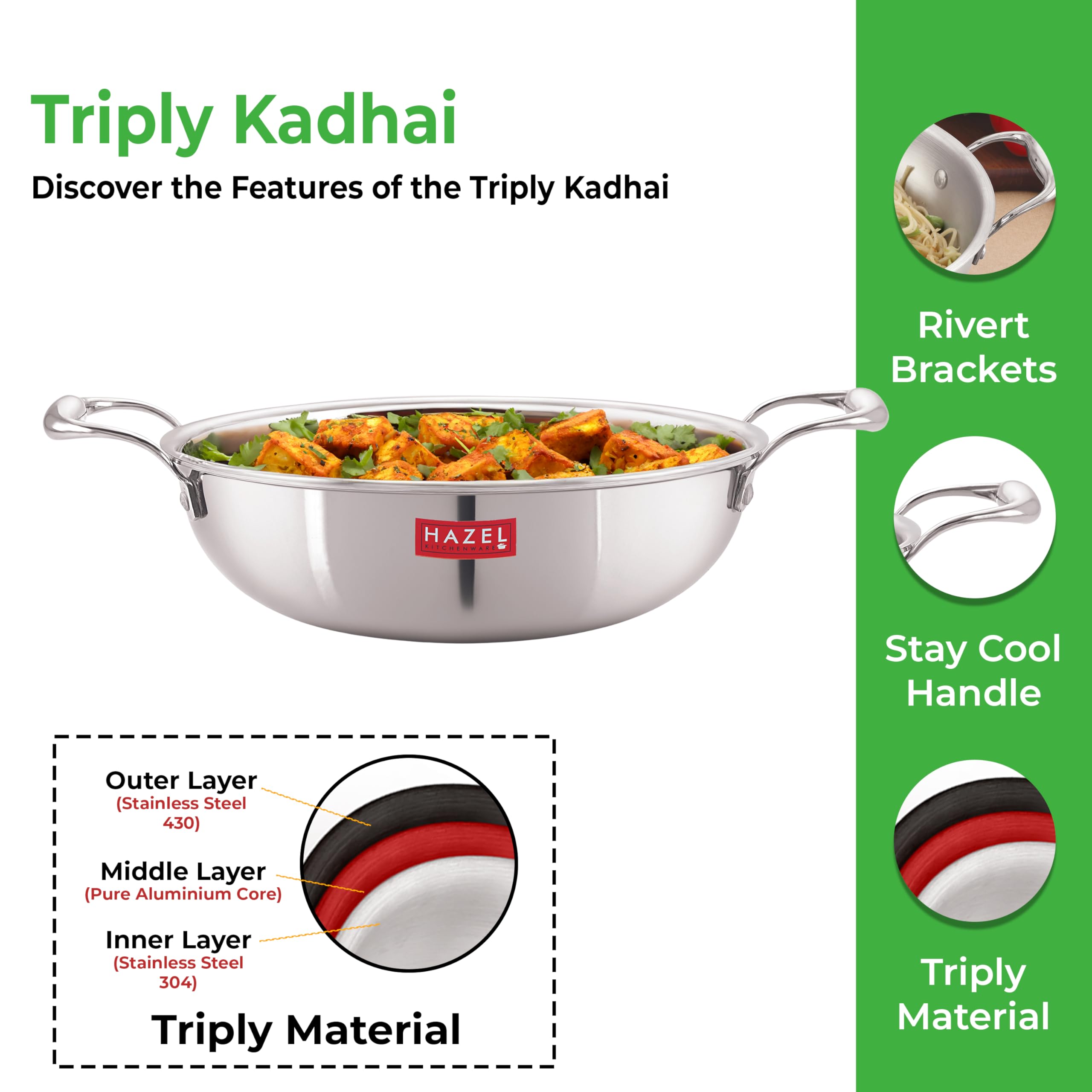 Hazel Tri Ply Stainless Steel Deep Pan With Lid |Triply Cookware Kadai With Induction Base For Cooking & Serving (101.5 Fl.Oz.)