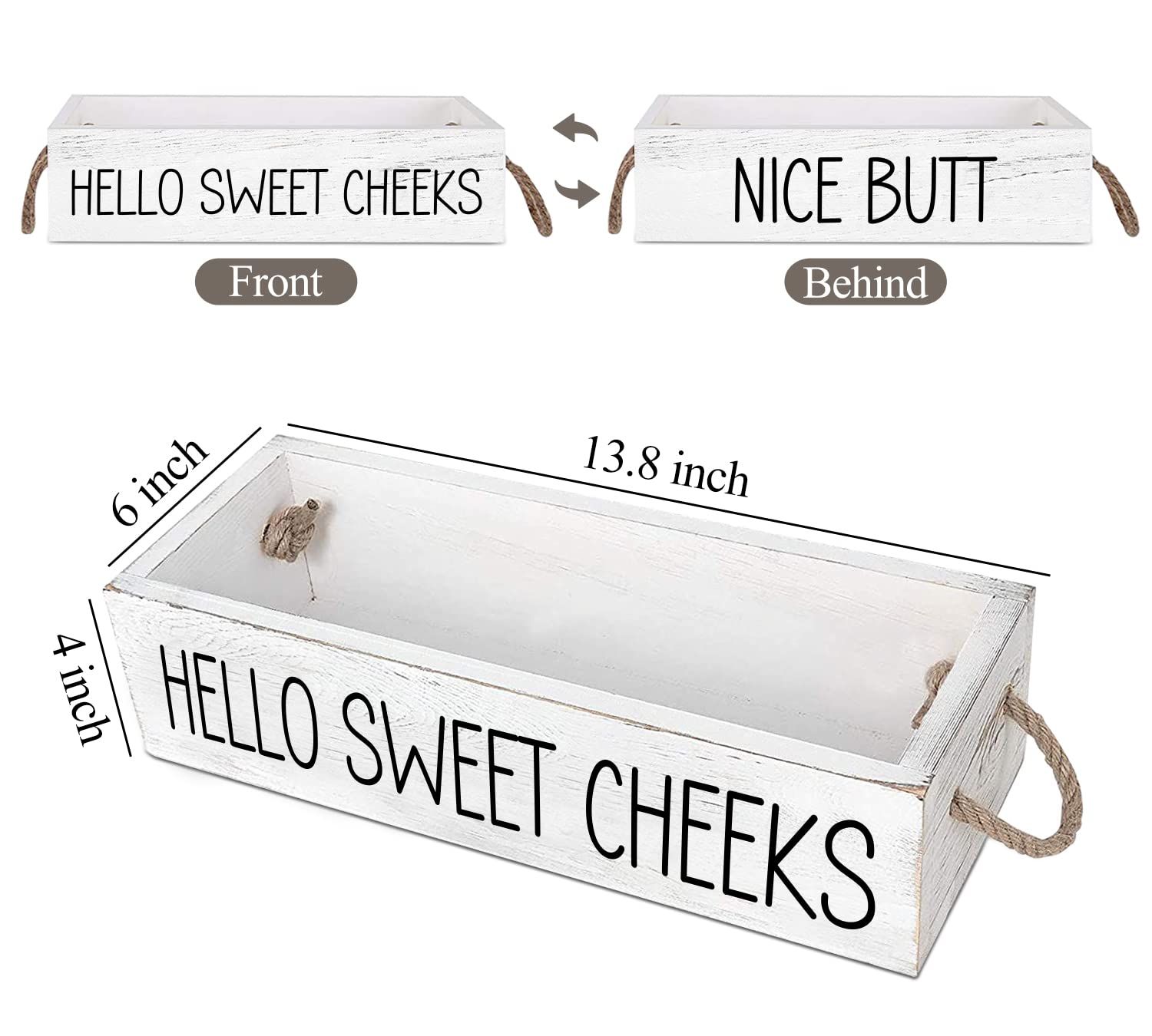 Teouios Hello Sweet Cheeks Funny 2 Sides Wooden Toilet Paper Holder Bathroom Decor Box With Rope Handle, Farmhouse Bathroom Pape