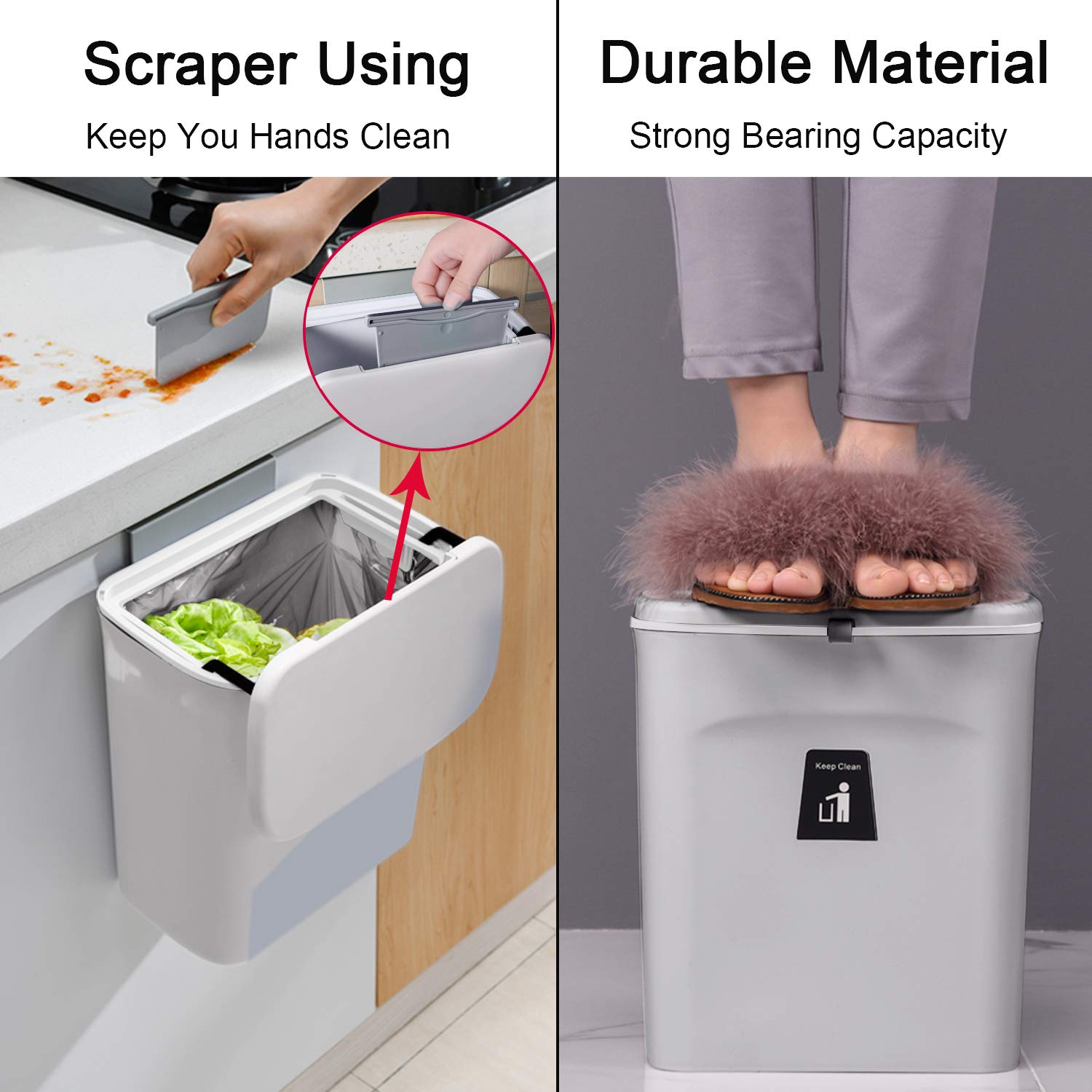 Tiyafuro 2.4 Gallon Kitchen Compost Bin for Counter Top or Under Sink  Hanging Small Trash Can with Lid for Cupboard/Bathroom/Bedroom/Office/Camping  Mountable Indoor Compost Bucket  Gray