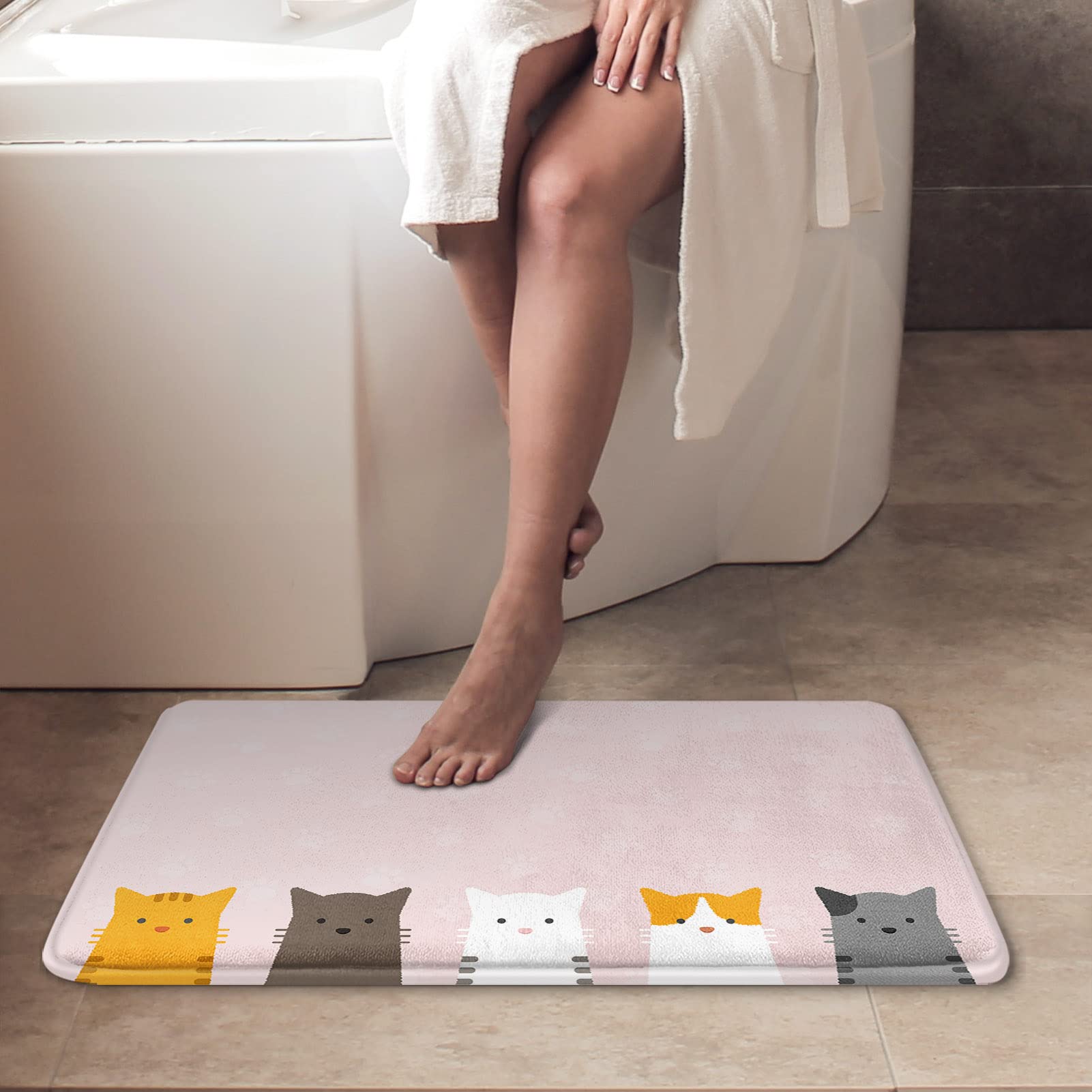 Pink Bath Mat Lovely Colorful Cat Portrait Bathroom Rugs No Silp Cartoon Cute Cat's Paws Background Washable Cover Floor Rug Carpets Floor Mat 16x24 Inches for Kitchen Bedroom