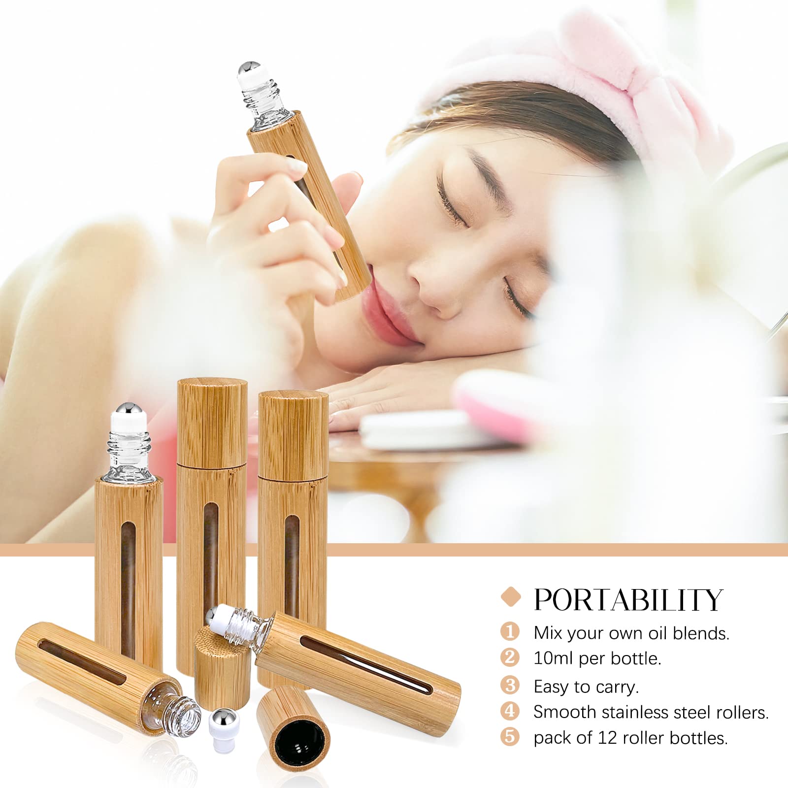 Mykasen 12Pcs 10Ml Roller Bottles Balls For Essential Oils, Roll On Bottles With Bamboo Shell Clear Glass Inner, Portable Refill