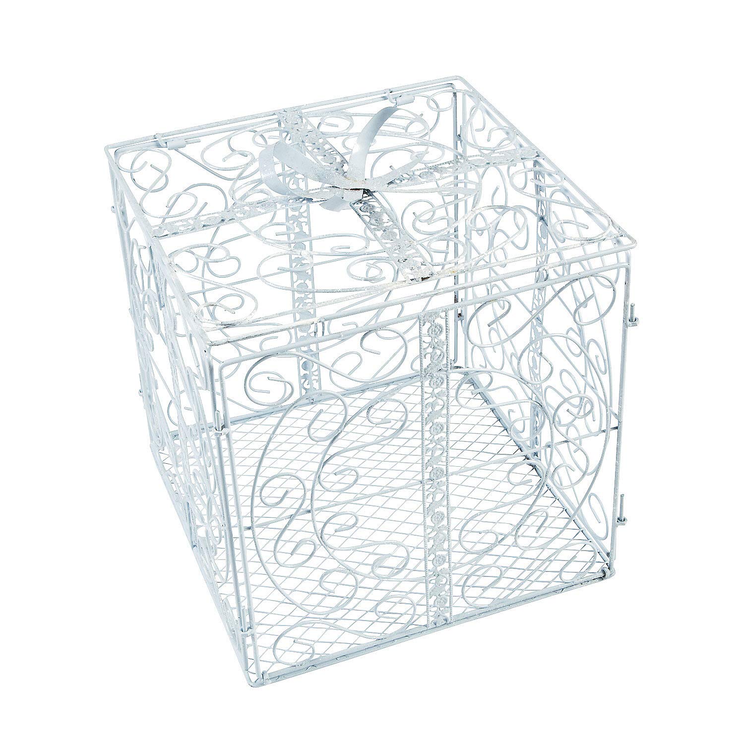 Fun Express White Metal Card Holder - Box with Scroll Design and Hinged Lid - Wedding and Event Decor - 1 Piece