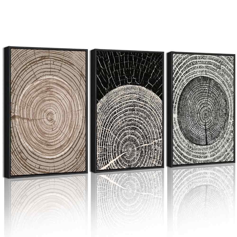 Phopago Vintage Wood Tree Rings Wall Art Farmhouse Rustic Framed Paintings Nature Artwork For Hallway Bedroom - 12X16In Black Fr