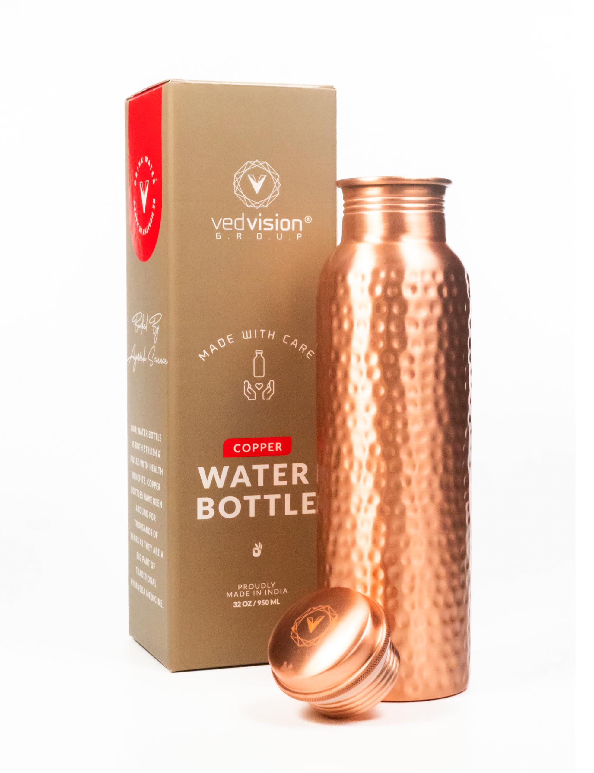 VedVision Copper Water Bottle - 32 Oz Pure Copper Water Bottle for Drinking Hammered Finish Design - Leak-Proof, Travel-Friendly