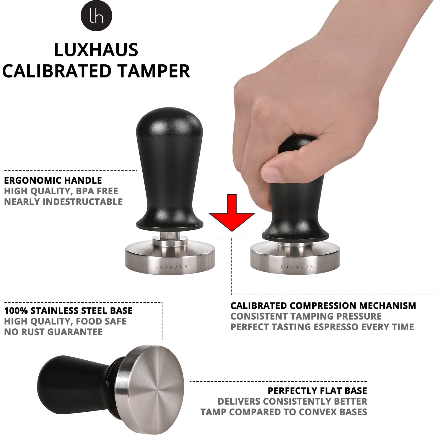 LuxHaus Espresso Tamper - 53mm Calibrated Coffee Tamper for Espresso Machine with Spring Loaded 100% Flat Stainless Steel Base