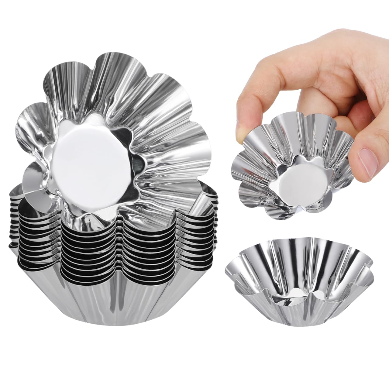 HAKIDZEL 12piece 2 inch Tart Molds Stainless Steel Non Stick Flower Tart Pans for Egg Tarts Mini Cupcakes Muffins Quiches Reusa