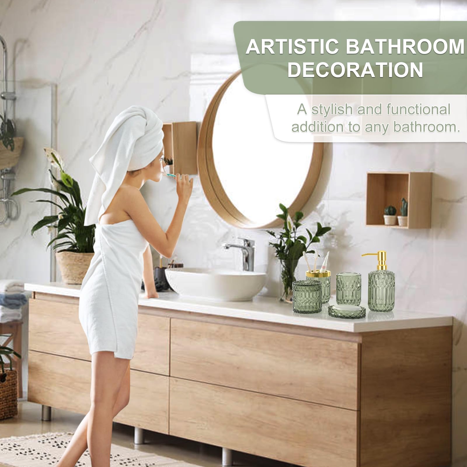 Towoaafu Green Bathroom Accessories Set - 5 Pcs Glass Bathroom Decor With Soap Dispenser & Soap Dish & Toothbrush Holder & Tumbl