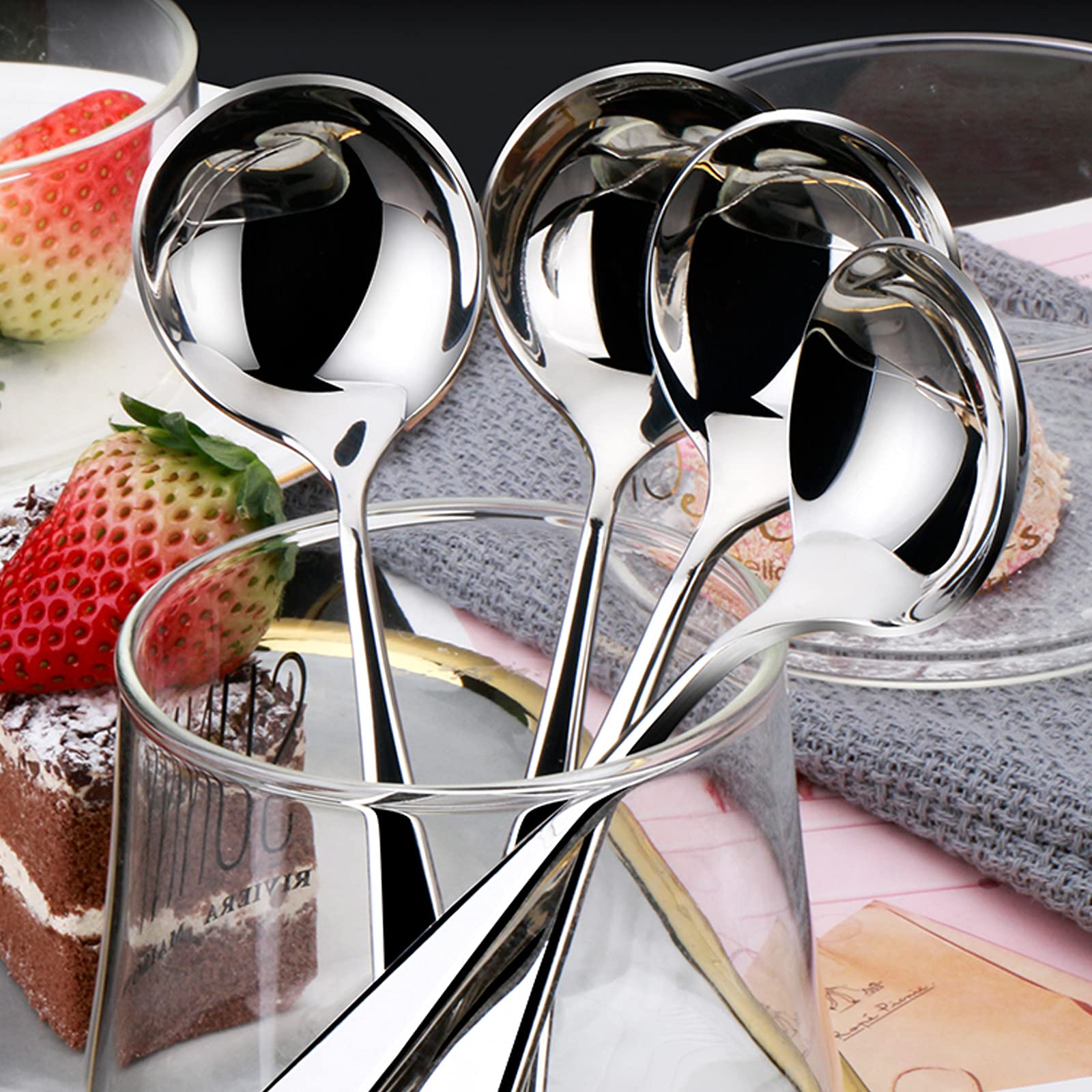 Metal Soup Spoons,Stainless Steel Spoons For Soup Round Colorful Dinner Spoons Thick Short Handle Table Spoon 6.3-Inch, Set Of 6