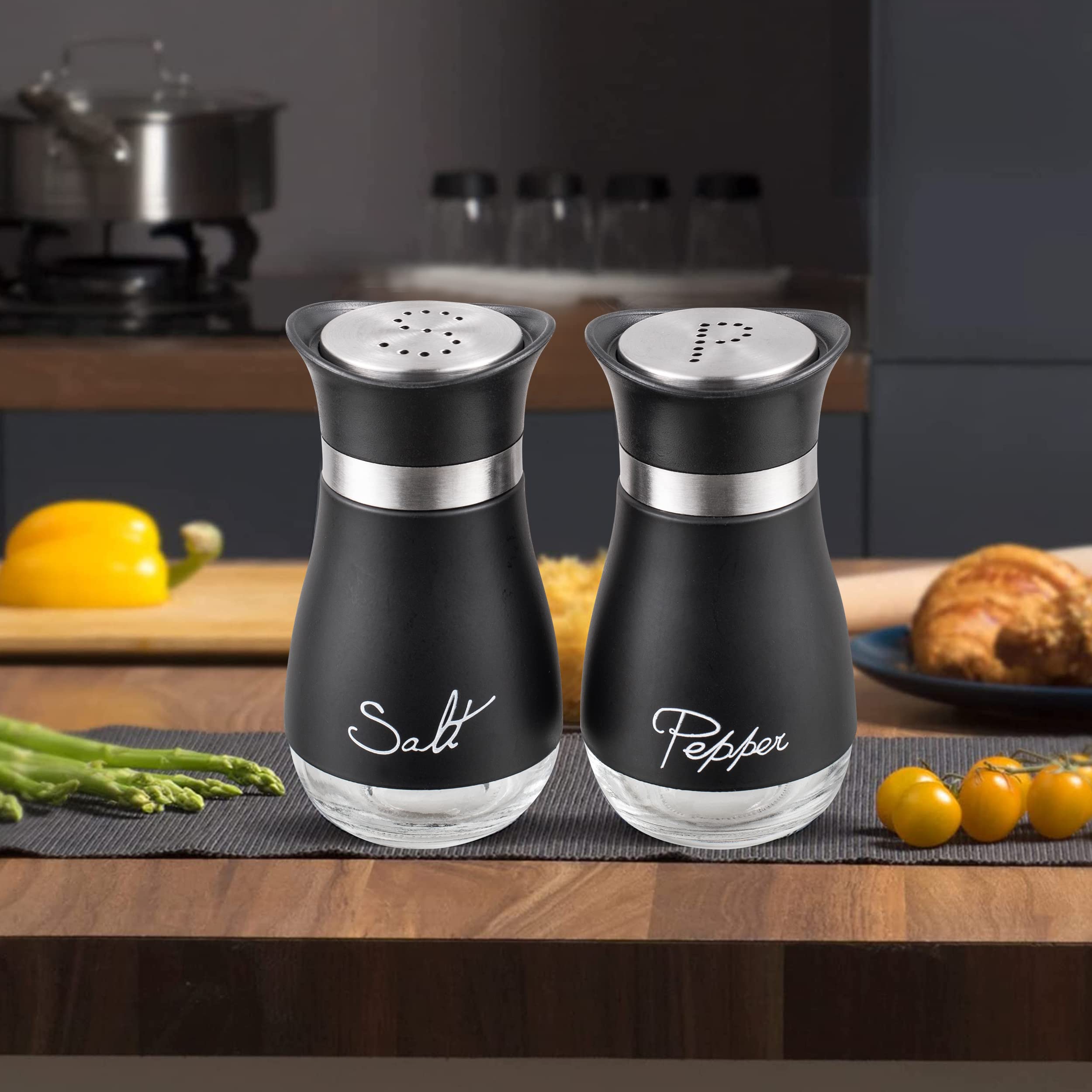 Salt And Pepper Shakers, Stainless Steel And Glass Bottle, Set Of 2, Black