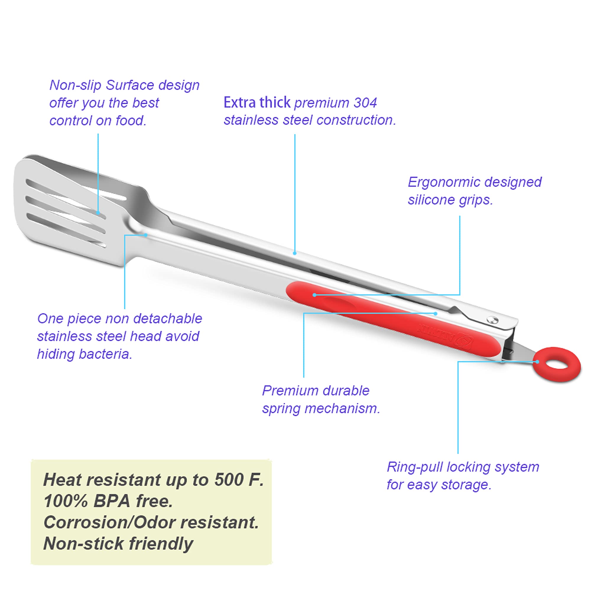 Premium 304 Stainless Steel Barbecue Turners, Heavy Duty Non-Stick Bbq Cooking Kitchen Tongs, 9'' And 12'' Red