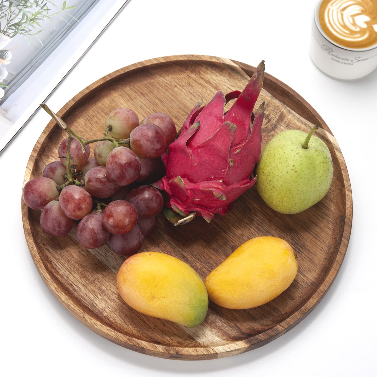 Round Wood Tray, Acacia Wooden Serving Tray, Serving Platter, Appetizer Charcuterie Board, Tray Organizer For Kitchen/Countertop