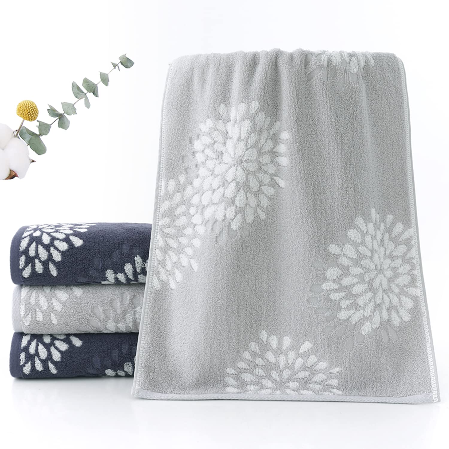 Pidada Hand Towels Set of 4 Hydrangea Floral Pattern 100% Cotton Absorbent Soft Decorative Towel for Bathroom (Light Grey)