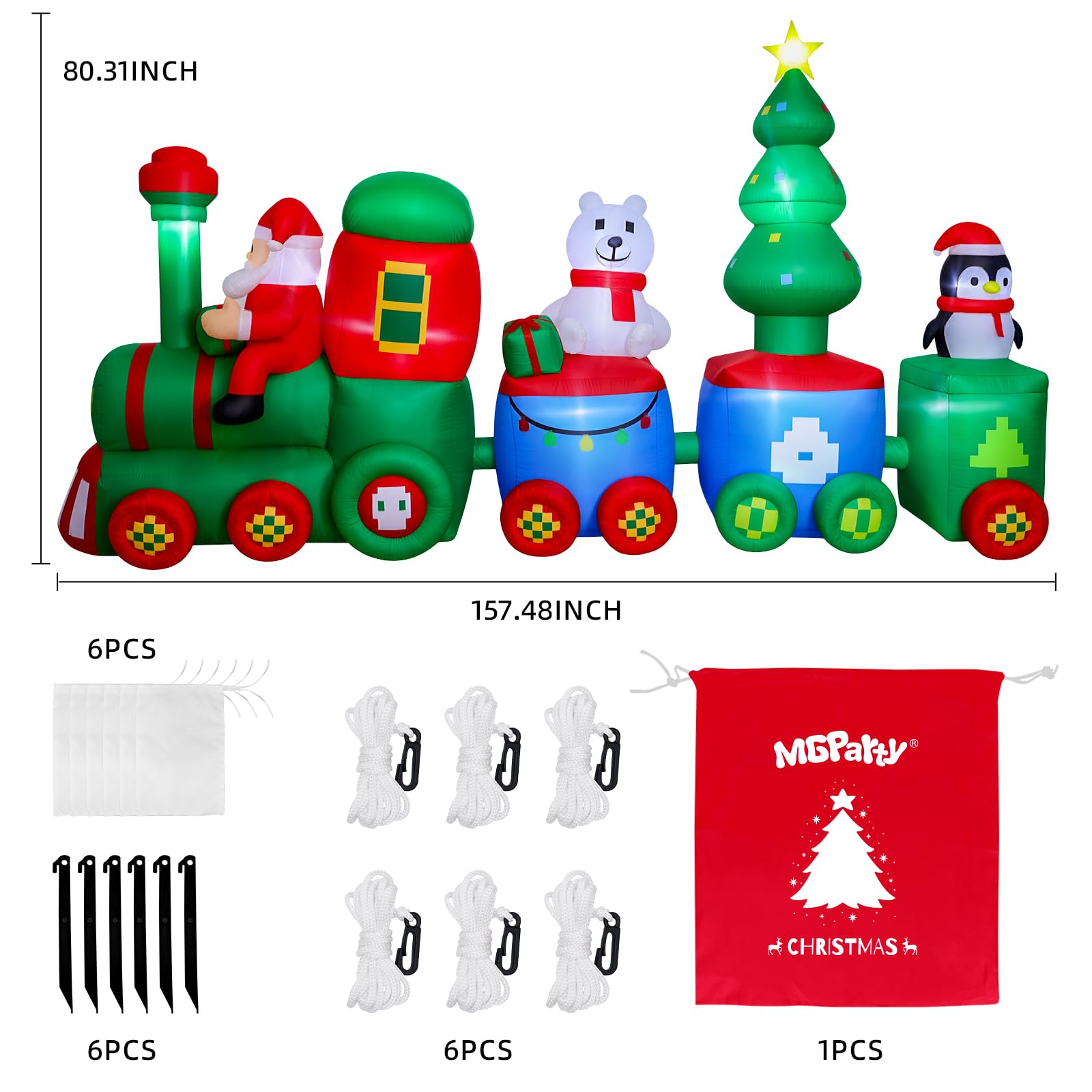 MGparty 14FT Christmas Inflatables Train with Santa Claus Bear Penguin Christmas Tress Built-in LED Lights Blow Up for Party Hol