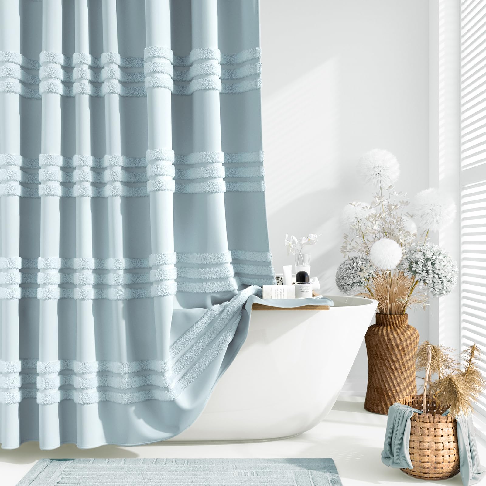 Dynamene Long Fabric Shower Curtain 72X78 Inch Textured Tufted Chenille Striped Tall Cloth Shower Curtains For Bathroom Decor, L