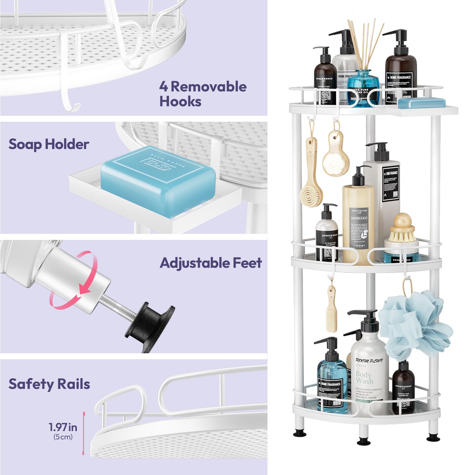 Swtymiki Corner Shower Caddy Standing - 3 Tier Stainless Steel Shower Organizer Stand With 4 Hooks & Soap Holder, Rustproof Meta