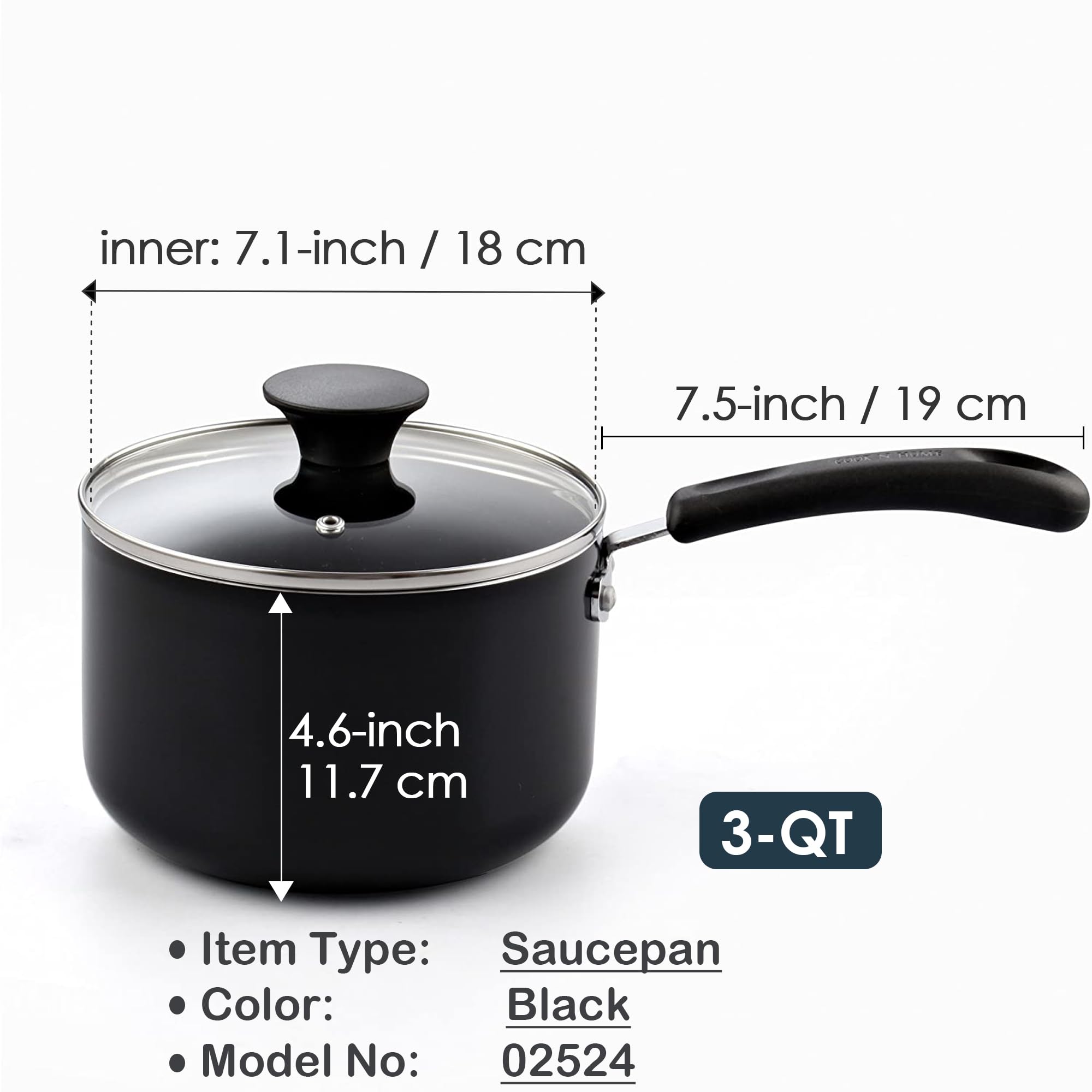 Cook N Home Nonstick Aluminum Sauce Pan, 3-Qt, Black with Glass Lid, Model 02524
