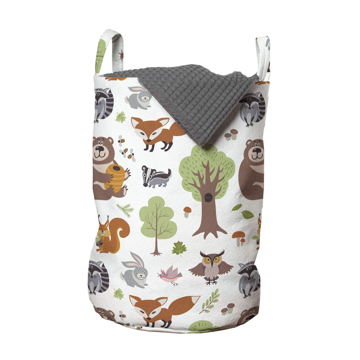 Ambesonne Forest Laundry Bag, Doodle Woodland Creatures As Honey Bear Rabbit Fox And Raccoon In Nature Habitat, Hamper Basket Wi