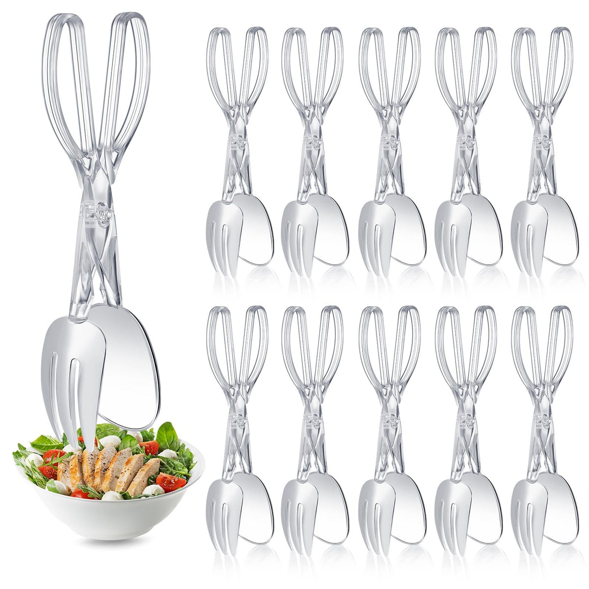Tioncy Set Of 12 Plastic Salad Scissor Tongs 11.2 Inches Plastic Tongs For Serving Reusable Food Salad Tongs For Serving Clear S