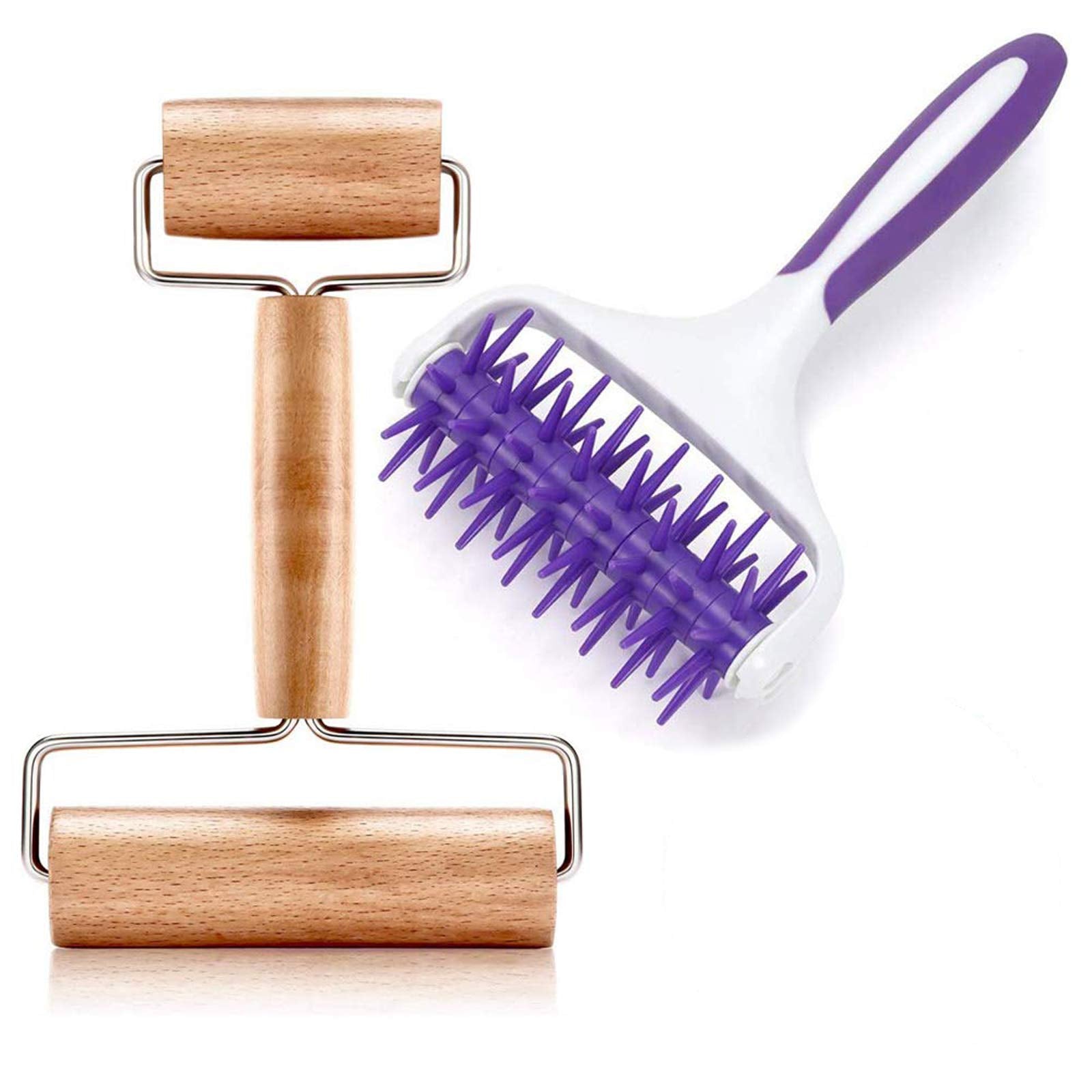 2 Pieces Pizza Pie Dough Roller Docker Set, Aulufft Wood Pastry Pizza Roller Rolling Pins And Time Saver Pizza Plastic Dough Doc