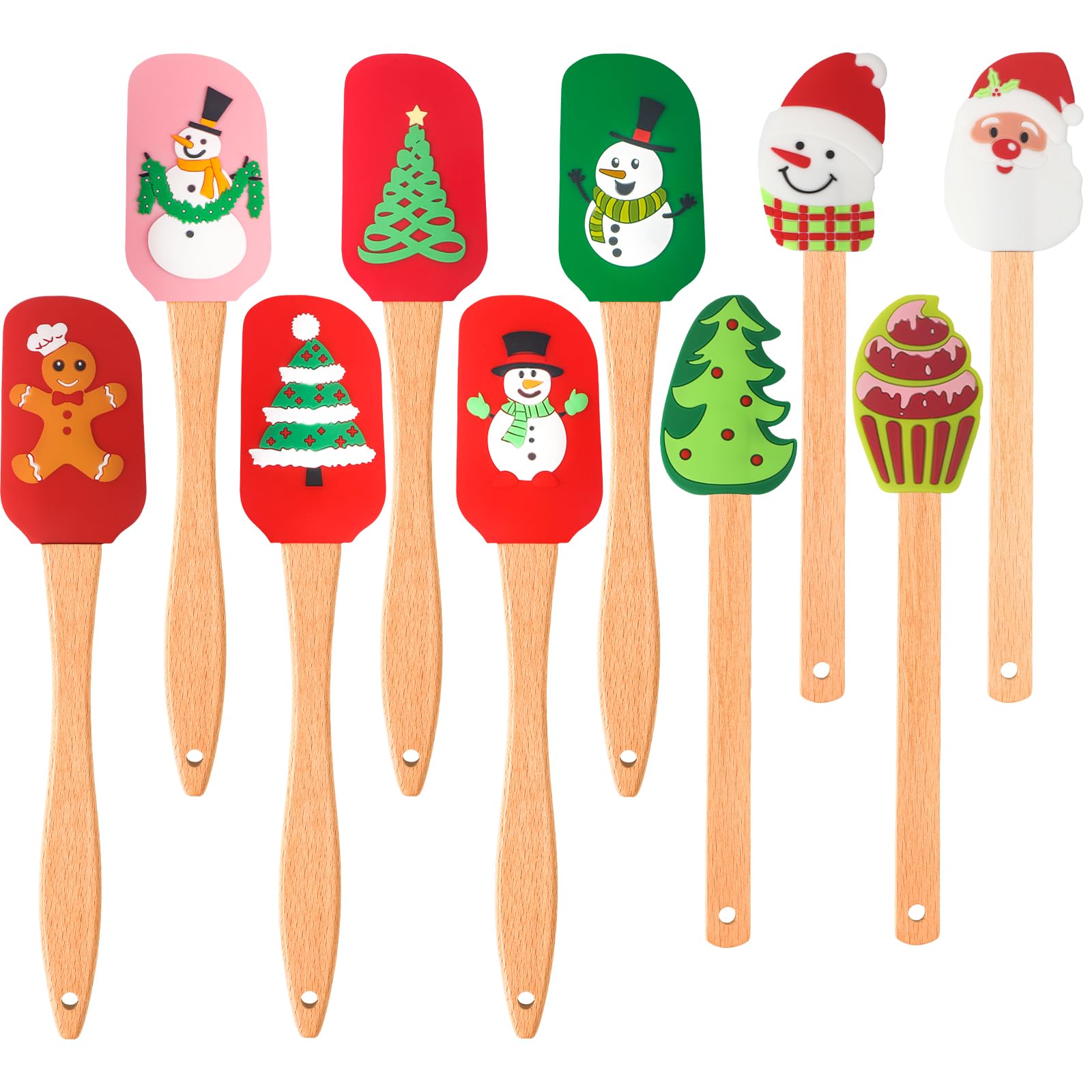 Patelai 10 Pcs Christmas Silicone Spatula Xmas Cake Spatula With Wooden Handle Snowmen Pancake Spatula Cute Pan Scraper Xmas Dis