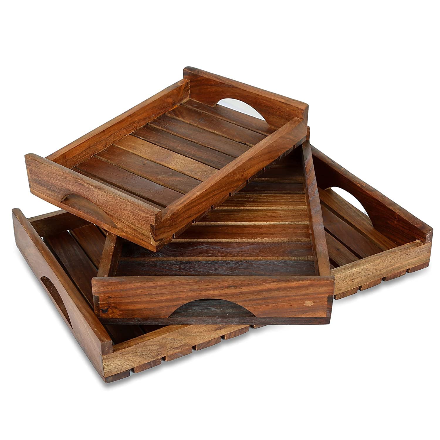 Mitria Traders Wooden Handmade Rectangular Serving Tray Set Of 3, For Tea, Coffee, Snacks Kitchen And Dining Table,14X10 12X8 An