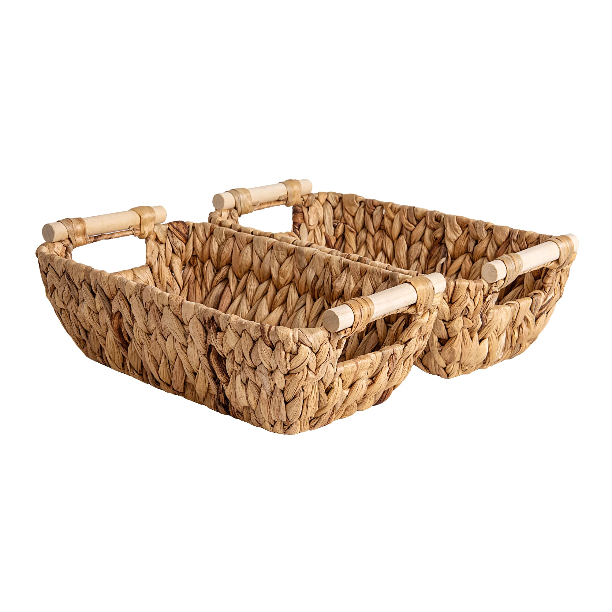 Storageworks Hand-Woven Small Wicker Baskets, Water Hyacinth Storage Baskets With Wooden Handles, 2-Pack