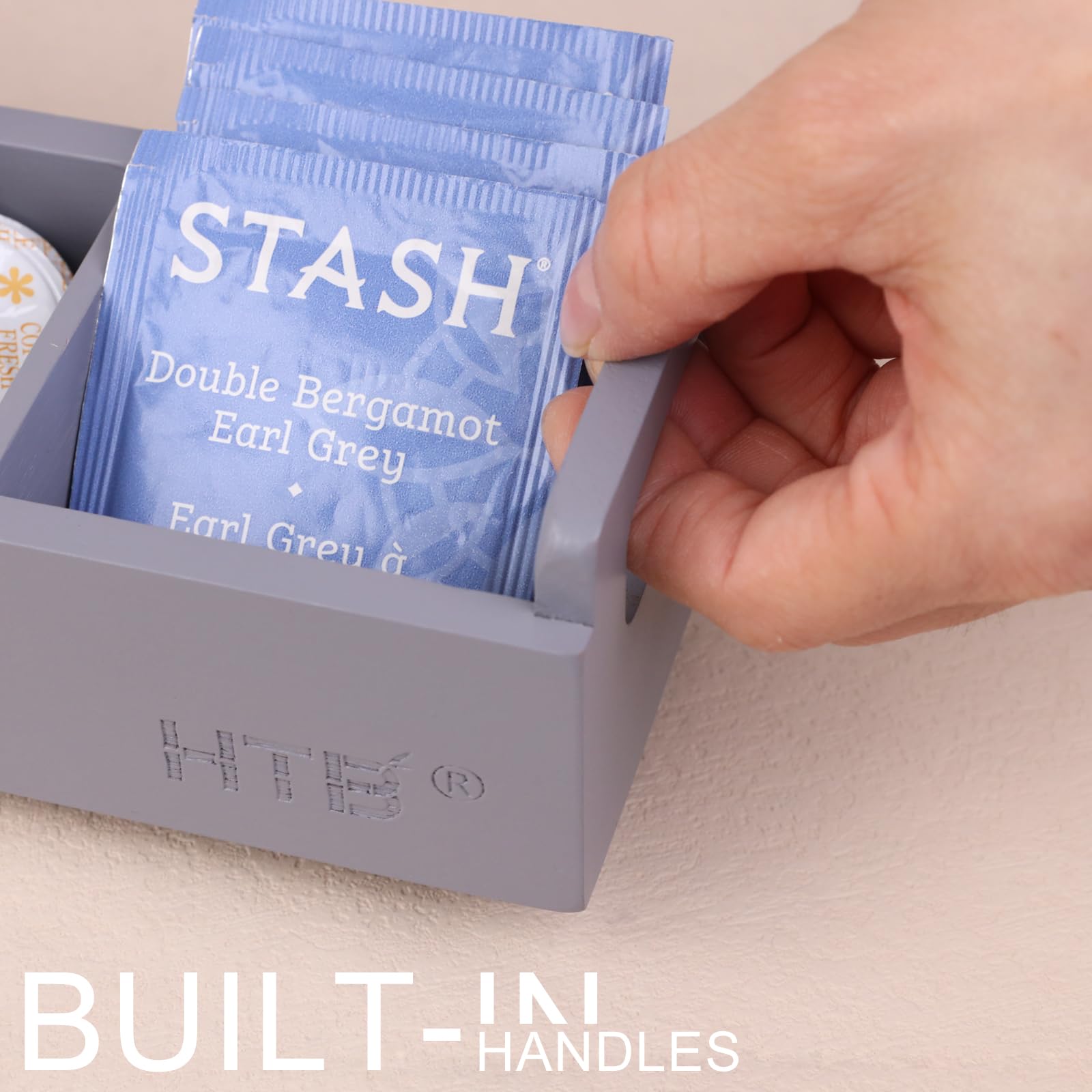 Slim Tea Bag Organizer By Htb, Grey 3 Compartments Tea Box Wooden With Handle For Small Space, Wood Tea Organizer For Tea Bags