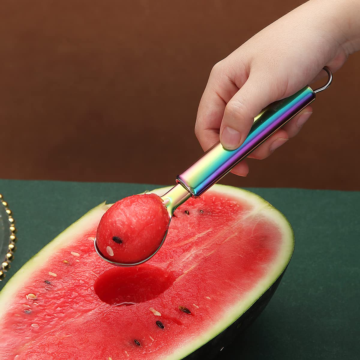 Rainbow Ice Cream Scoop, Berglander Stainless Steel Cookie Scoop Melon Baller Scooper Cones With Titanium Colorful Plating, Spec