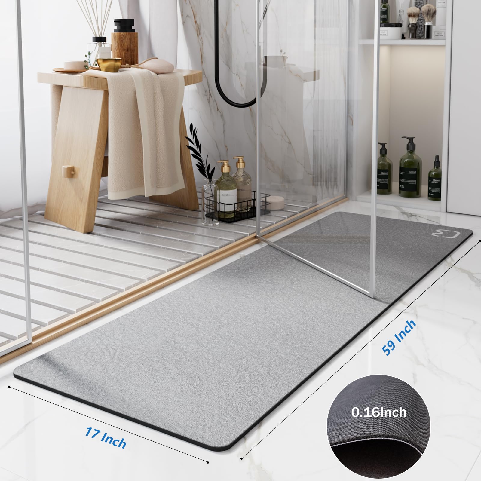 Grey Bath Mat 17'' X 59'' Extra Long Bathroom Mat Large Fast Dry Super Absorbent Non-Slip Rubber Backed Shower Mat Bathroom Rugs