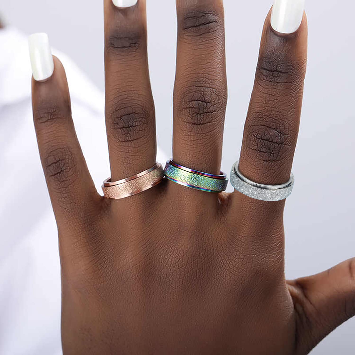 Laoyou Spinner Ring For Women Anxiety Relief - 6Mm Stainless Steel Glitter Rose Gold Silver Rainbow 3Pcs Fidget Rings Band Pack