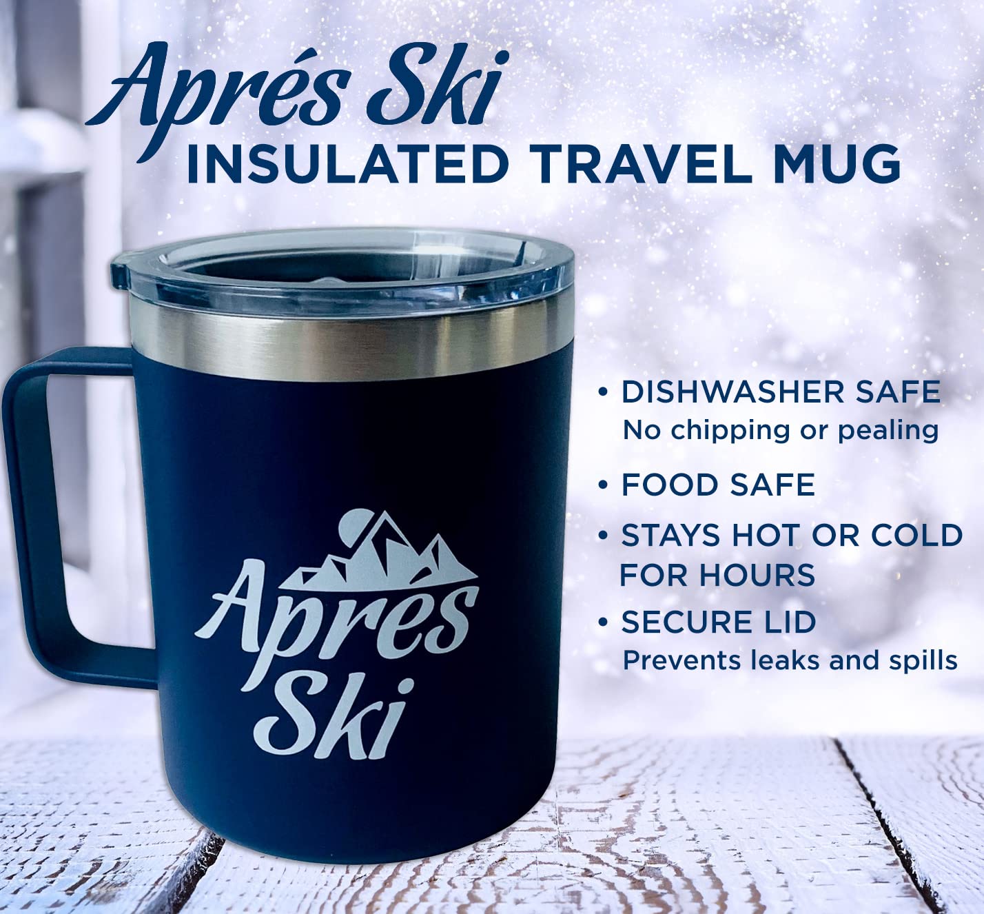 Apres Ski Travel Mug For Skiers - Leak Proof Insulated Coffee Mug With Handle & Lid - Gift For Skiers