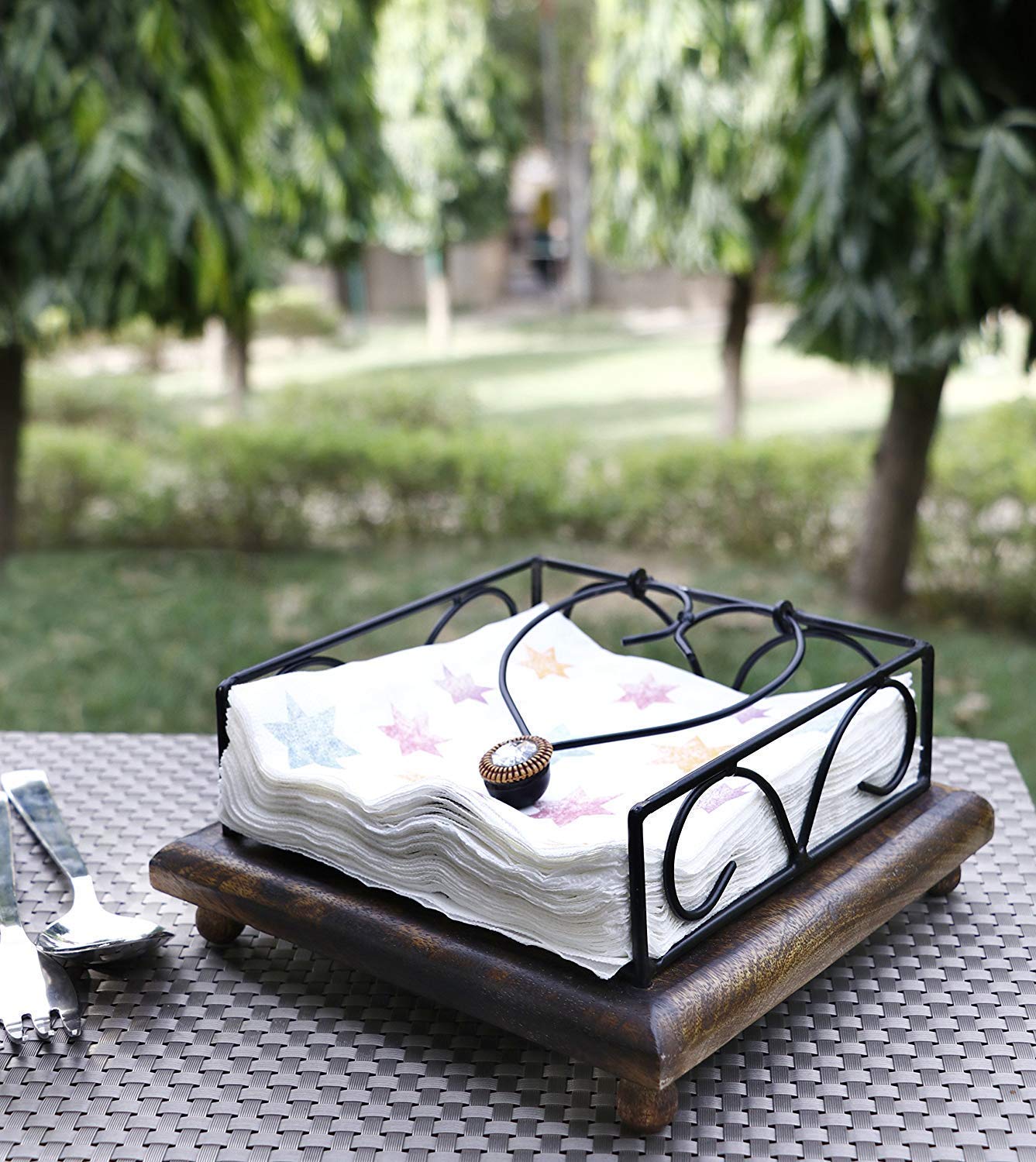 Kundi Wrought Iron Tissue Roll/Paper Towel Holder For Kitchen And Dining Table (Wooden 2 Shape)