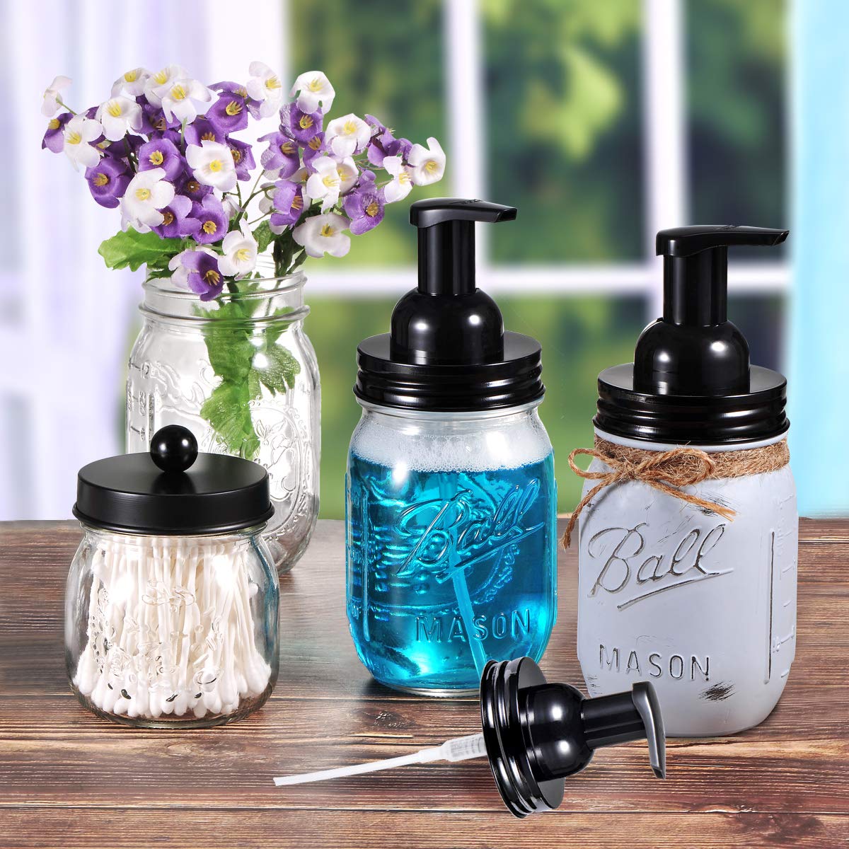 SheeChung Mason Jar Foaming Soap Dispenser Lids - Black, 2 Pack, for Standard Mouth Jars, Perfect for Hand Sanitizer and Facial Cleansing Foam